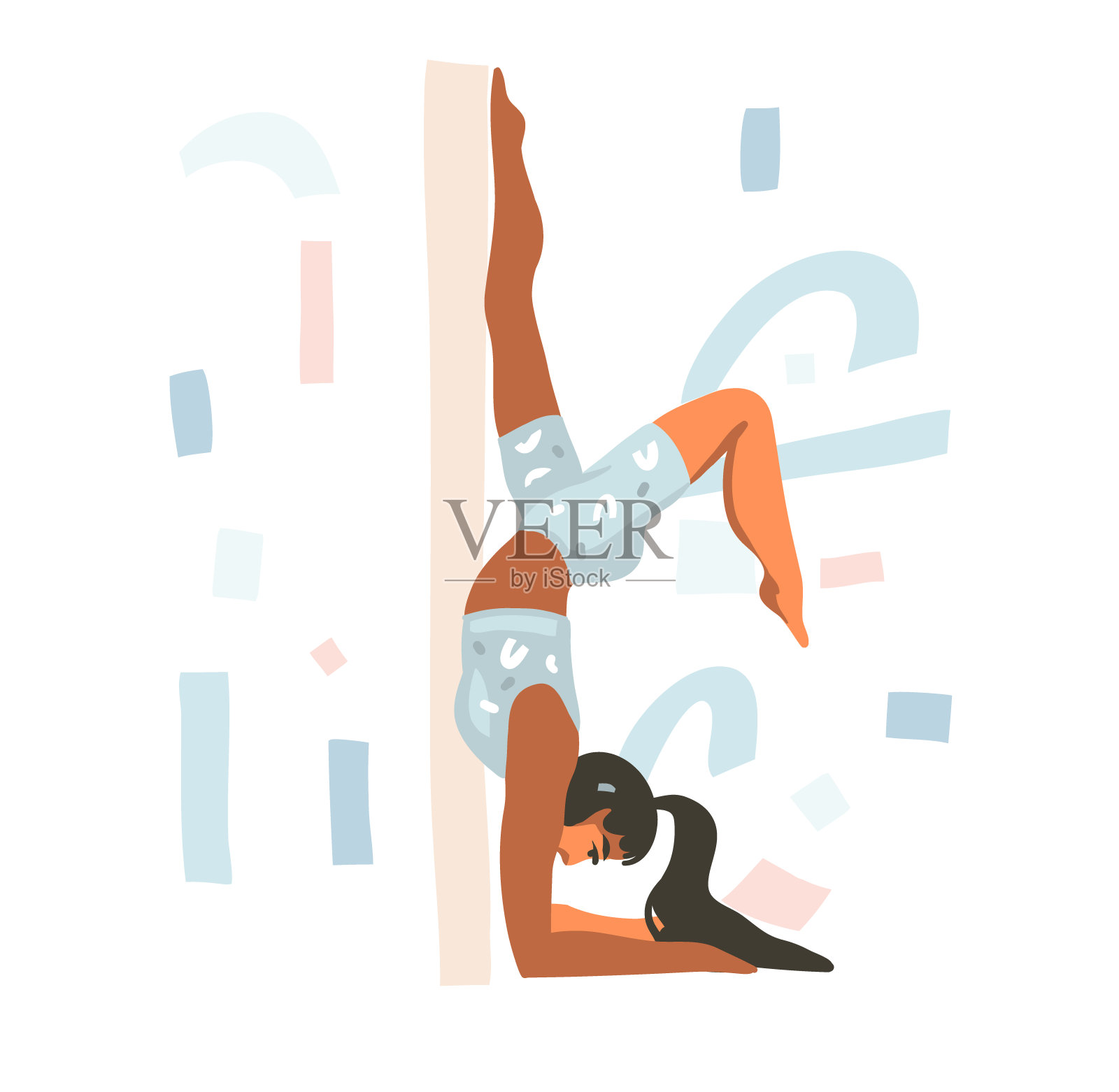 手绘矢量抽象股票图形插图与年轻快乐的女性做瑜伽姿势在家孤立的白色背景插画图片素材