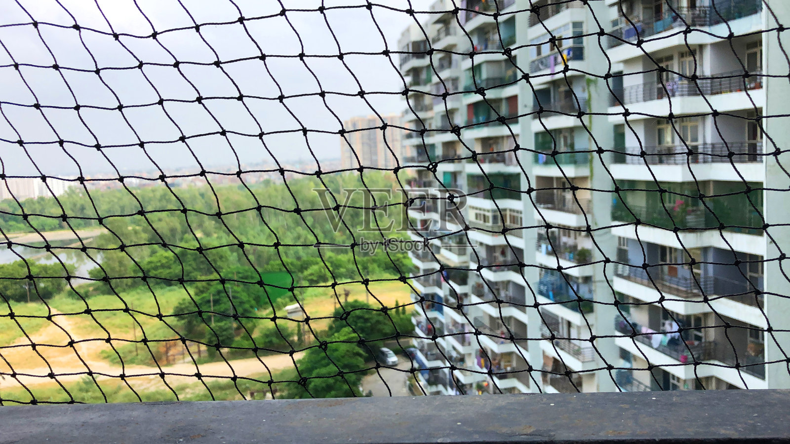 背景是印度加济阿巴德住宅阳台上的鸽子防鸟网和城市景观照片摄影图片