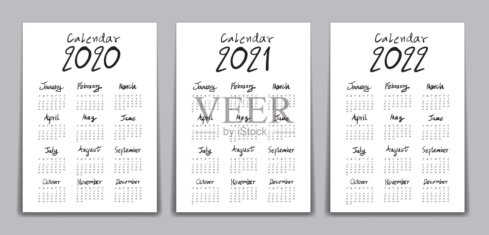 日历2020年，2021年，2022年模板矢量，刻字日历，手绘刻字日历矢量插图，简单，一套12个月，星期开始周日，文具，传单，海报设计设计模板素材