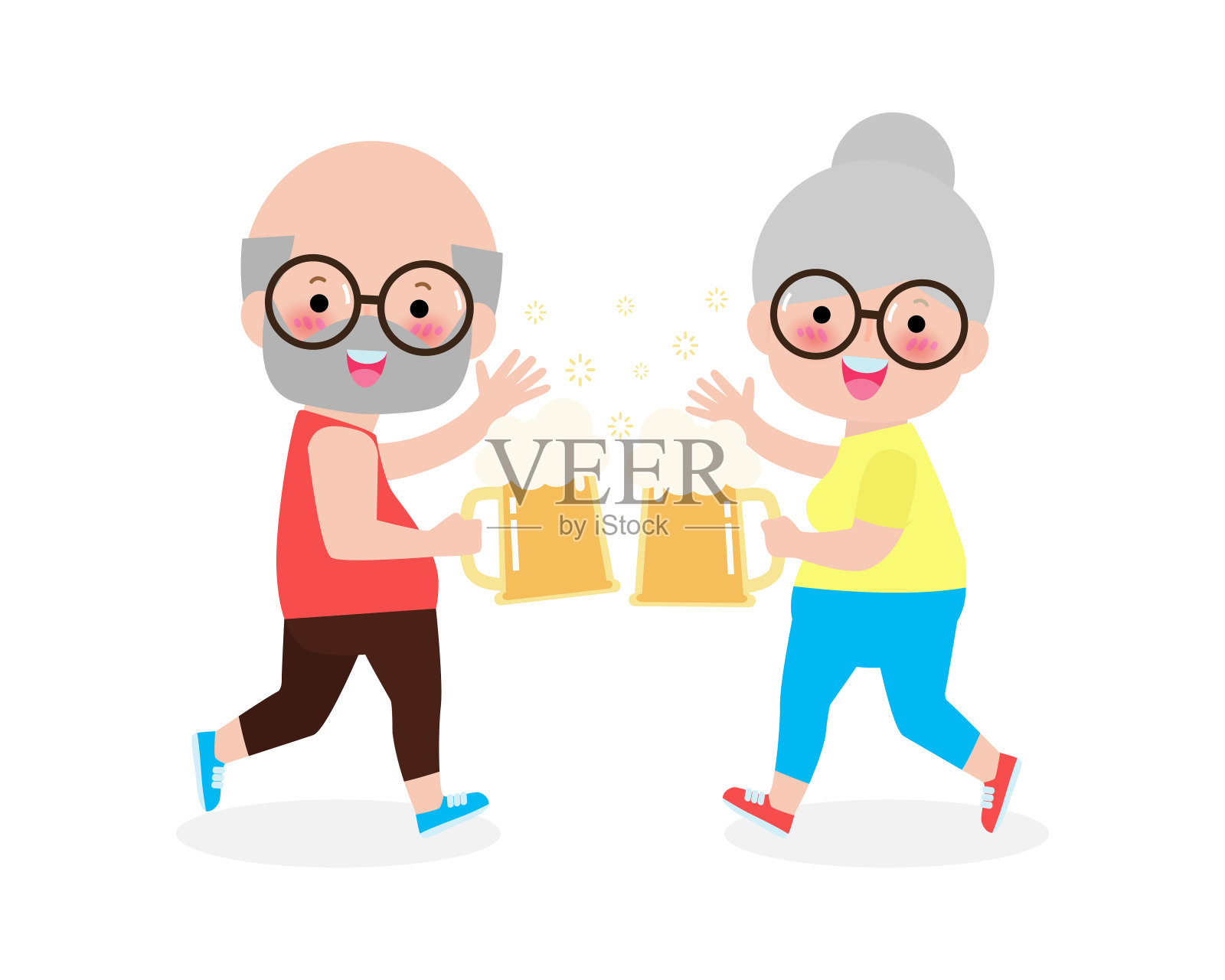 一对老年夫妇在碰杯啤酒，老年人拿着啤酒。快乐的国际啤酒日孤立在白色的背景。周五派对矢量插图平坦插画图片素材