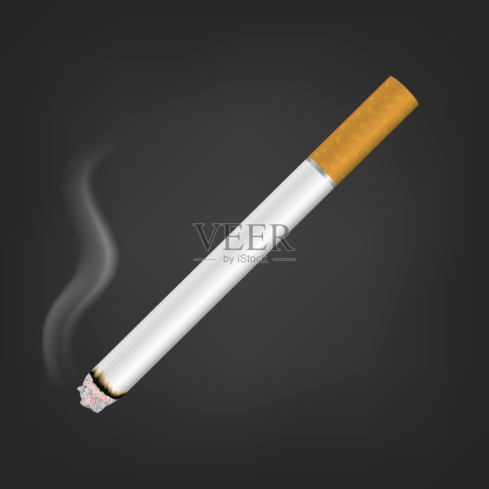 矢量3d现实白色清楚空白整个点燃的香烟与烟雾图标特写孤立在黑色背景。设计模板。采购产品烟雾问题概念，烟草，香烟模型设计元素图片