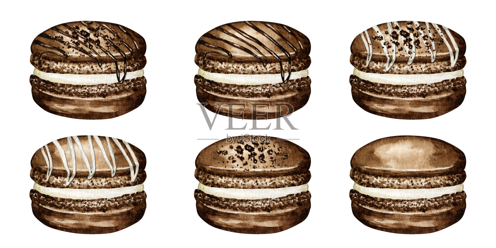 手绘水彩法式马卡龙蛋糕套装。巧克力点心甜点孤立在白色背景彩色杏仁饼干，甜的浆果，草莓，覆盆子插画图片素材