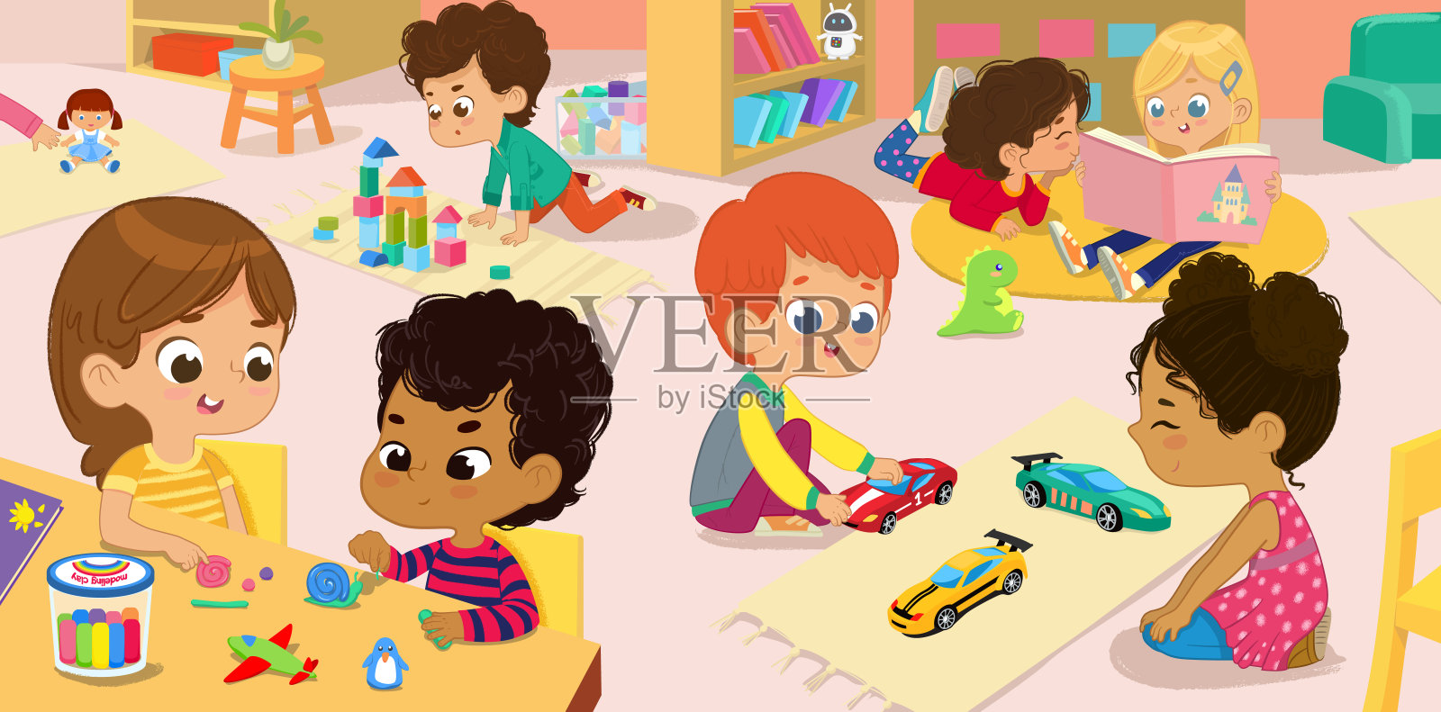 幼儿园的班级和儿童在幼儿园的活动说明。多文化的孩子读书，玩积木和玩具汽车，雕刻泥人。插画图片素材