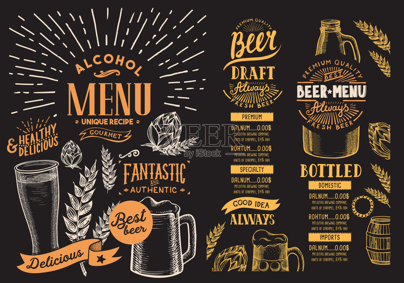 餐馆的啤酒菜单。设计模板与手绘图形插图。矢量饮料传单的酒吧。设计模板素材