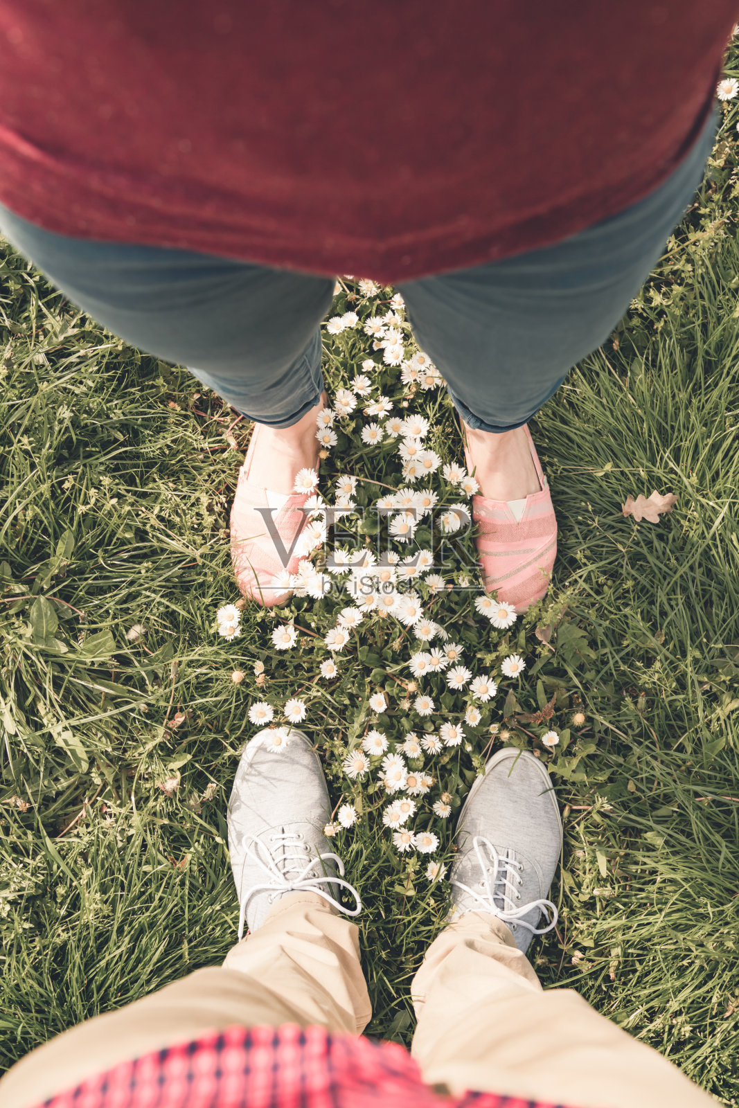 一对戴着雏菊站在公园里。照片摄影图片