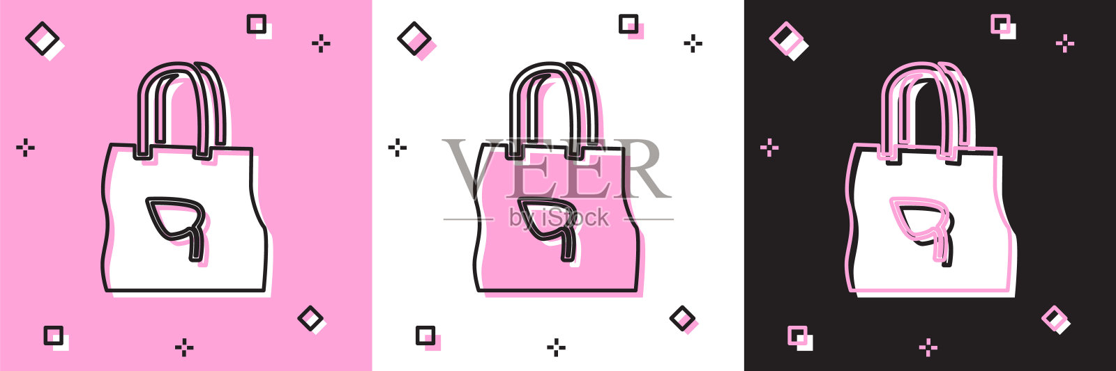 设置纸质购物袋与回收图标隔离在粉红色和白色，黑色的背景。有回收标志的袋子。矢量图插画图片素材