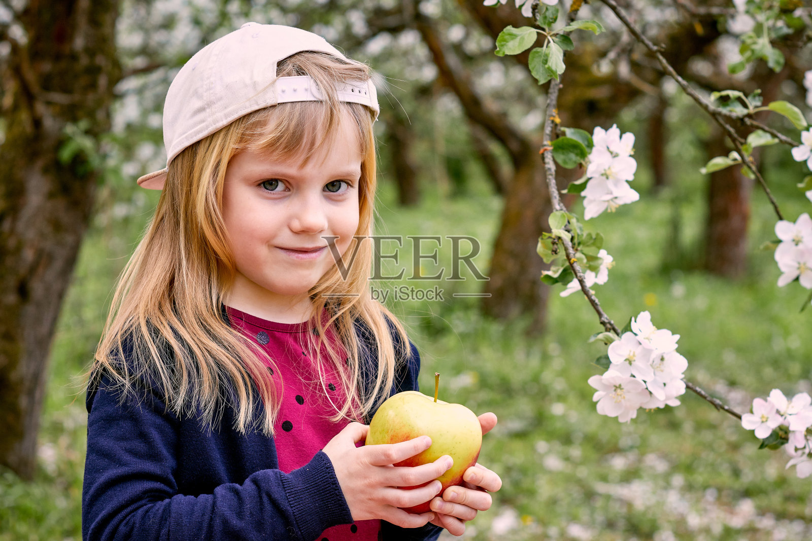 一个女孩戴着一顶帽子，在开花的花园里摘着一个绿苹果。在绿草和森林鲜花的背景下。照片摄影图片