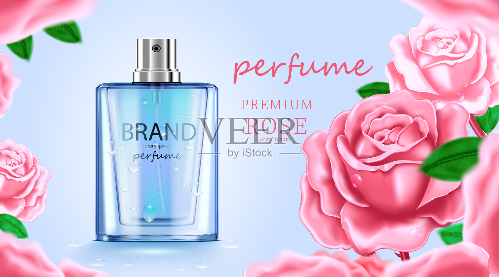 豪华化妆品瓶包装护肤霜，美妆产品海报，粉红玫瑰和蓝色背景设计模板素材