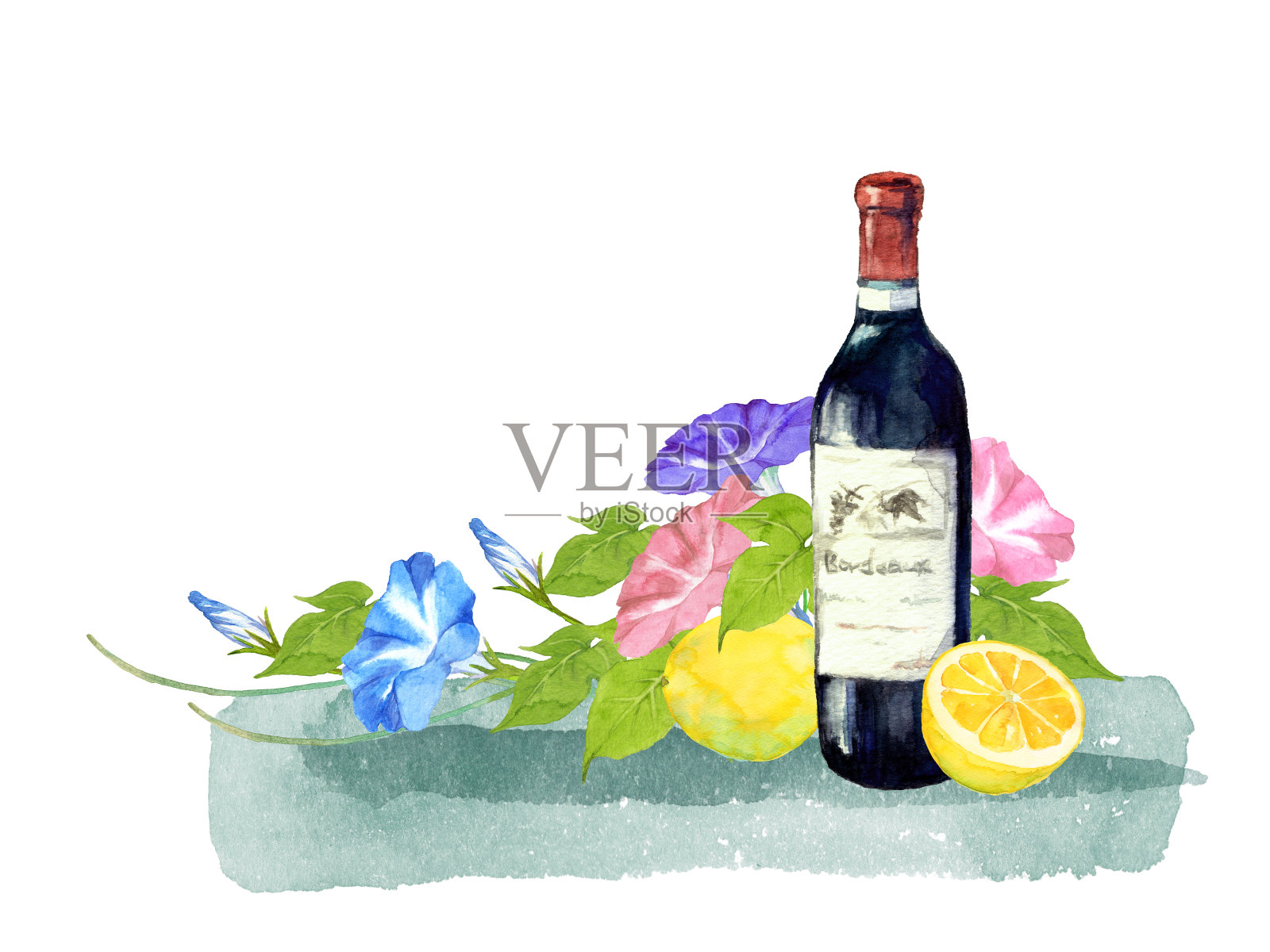 葡萄酒，柠檬，牵牛花插画图片素材