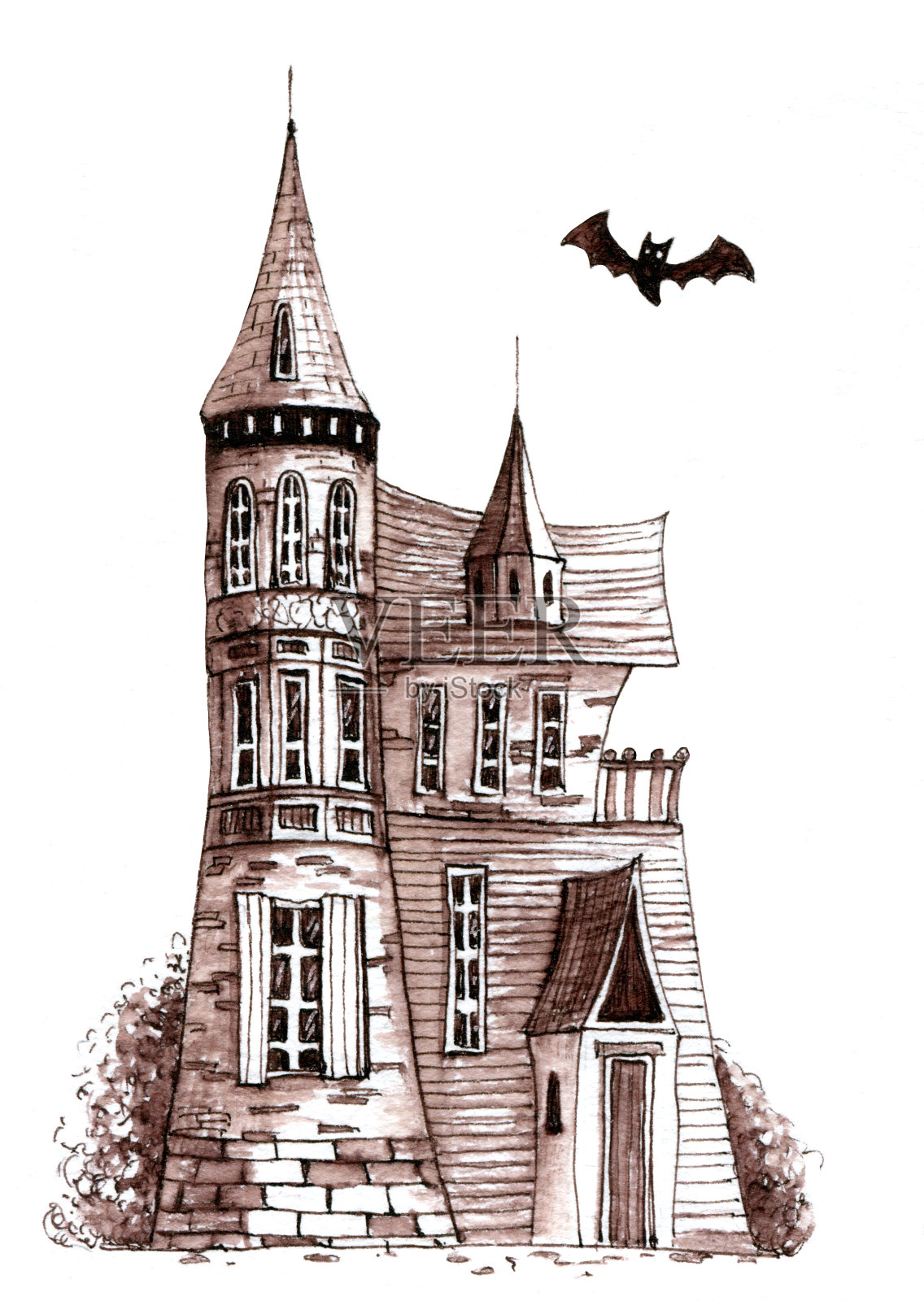 带有蝙蝠的维多利亚式老房子。手绘插图。插画图片素材