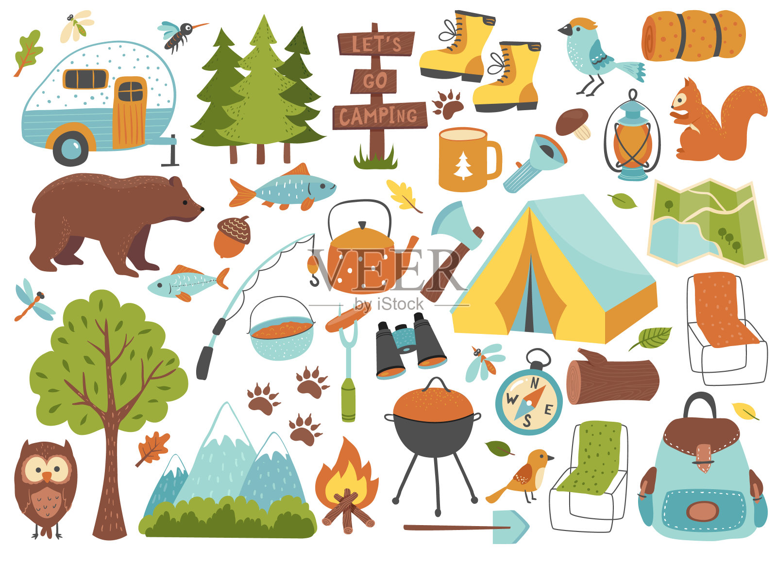 露营和远足设置。插画图片素材