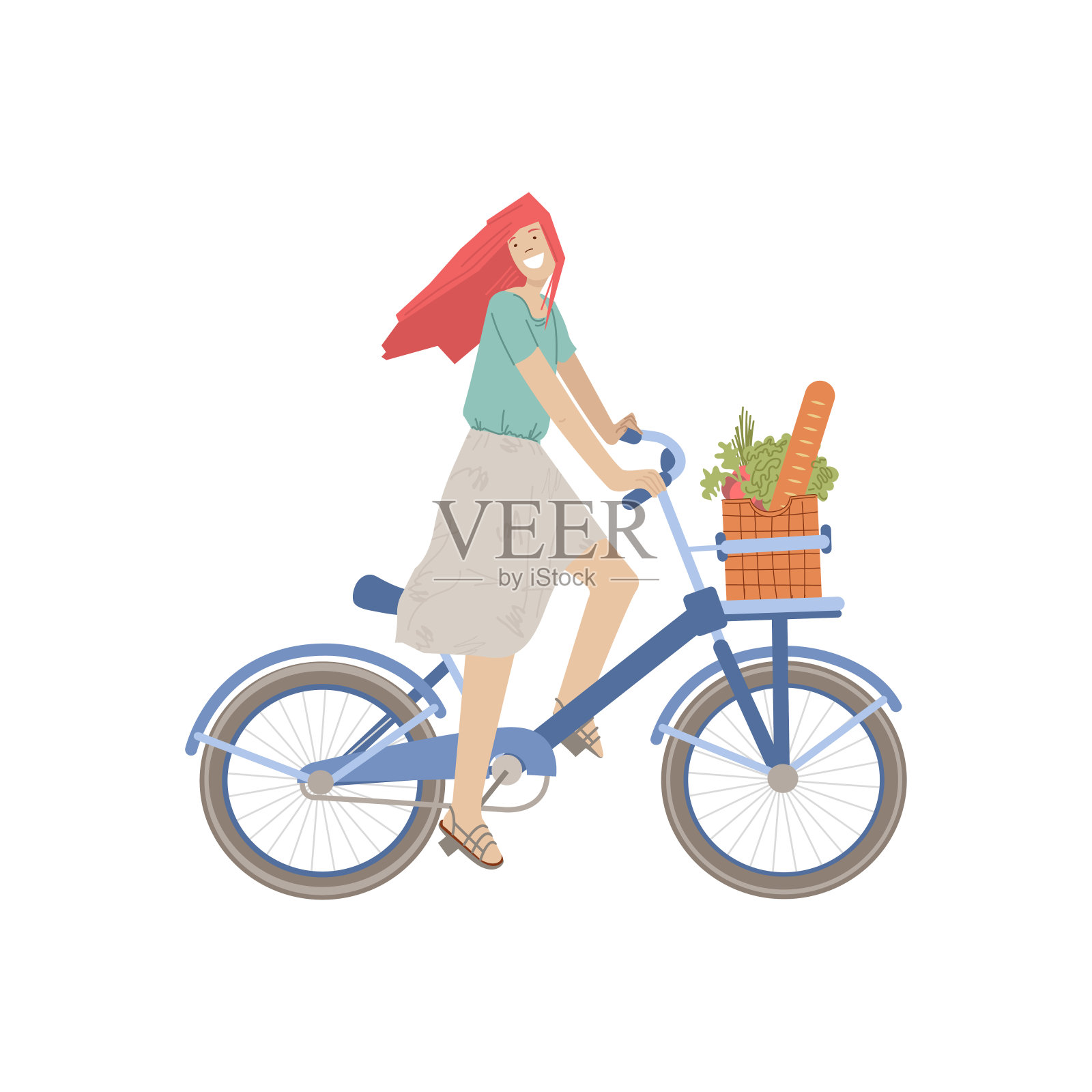 可爱的女孩骑着一辆城市自行车，车上装满了面包、绿色食品、蔬菜。微笑快乐的女孩在自行车上，矢量插图，骑从食品店，做夏季体育活动。设计元素图片