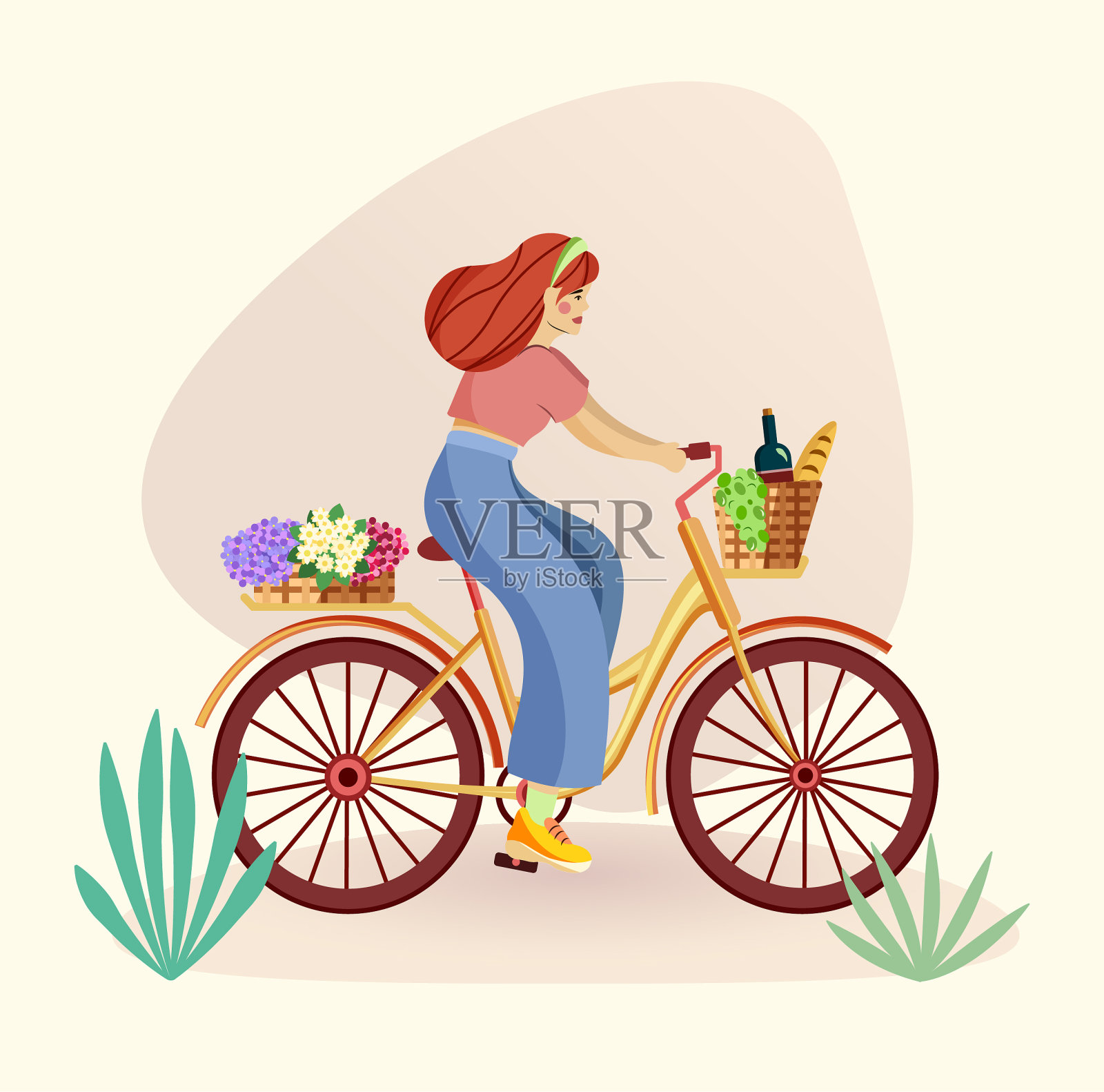 骑着老式自行车的女人插画图片素材