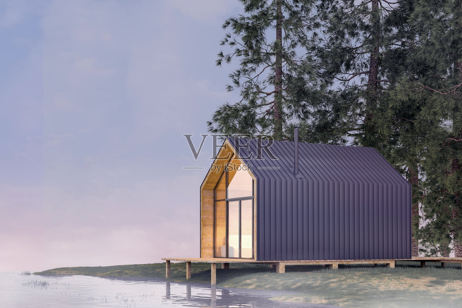 幽静的小房子在一个湖的沙滩上有雾在一个针叶林在寒冷的夜晚灯光和温暖的光从窗户。股票3 d演示照片摄影图片