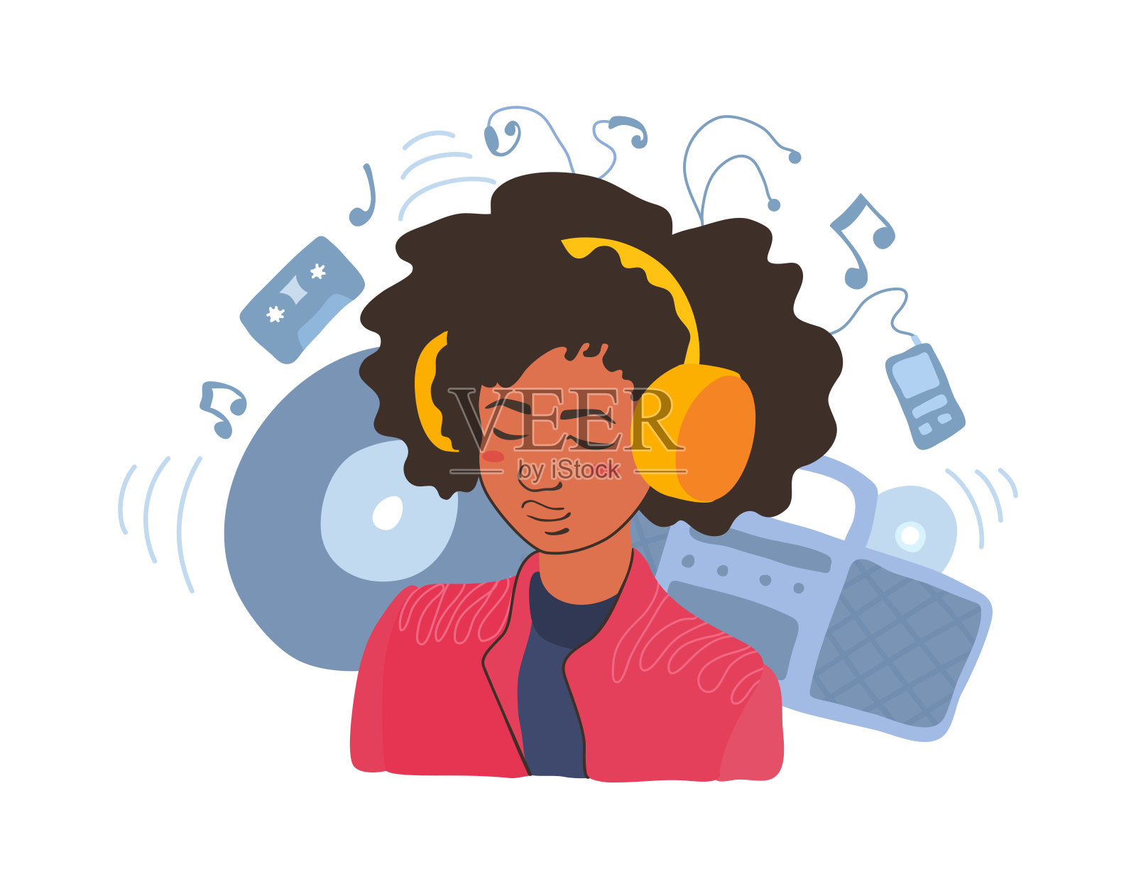 一个可爱开朗的少女，留着非洲式发型，喜欢听音乐。一位戴着耳机的非裔美国年轻女性。插画图片素材