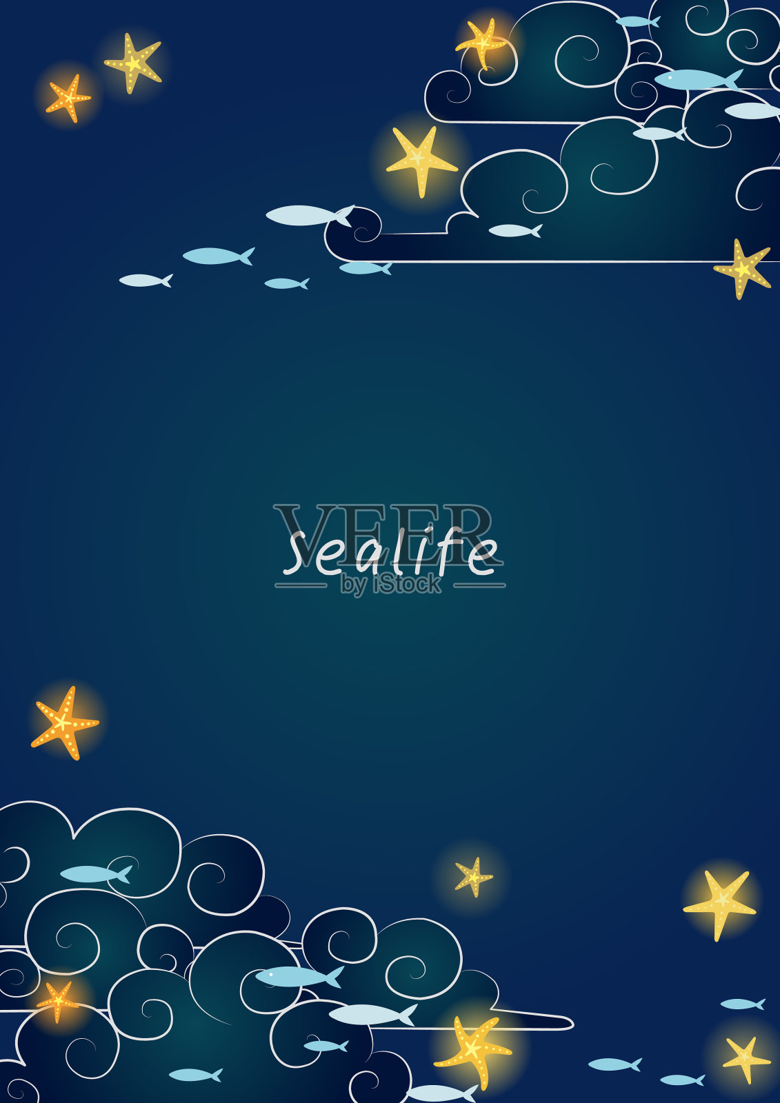 海星在夜晚的天空和鱼群与云向量边界装饰的暑假。插画图片素材