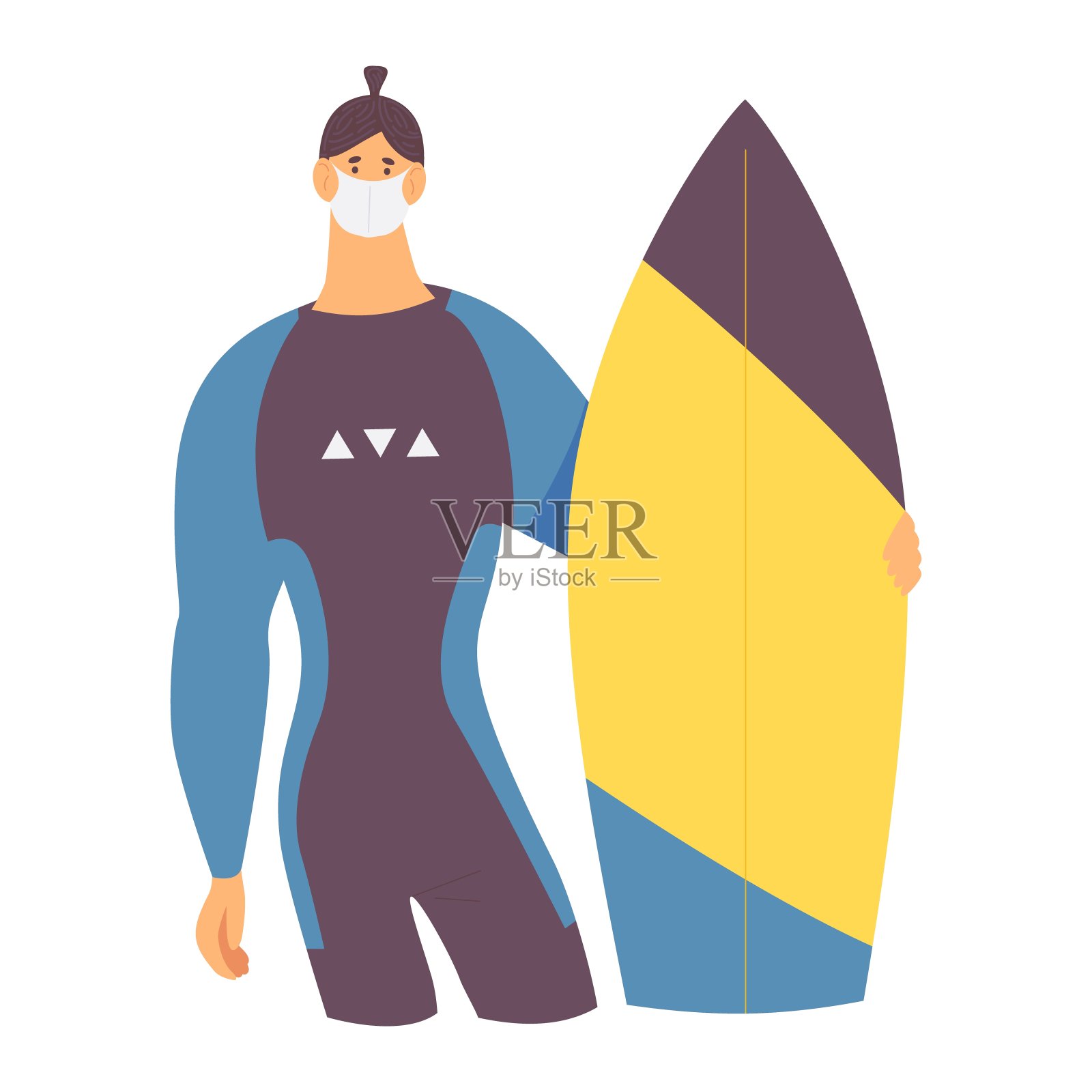 在covid-19大流行期间，身穿全套潜水服、佩戴冲浪板和防护面罩的年轻壮汉。矢量概念字符插图。插画图片素材
