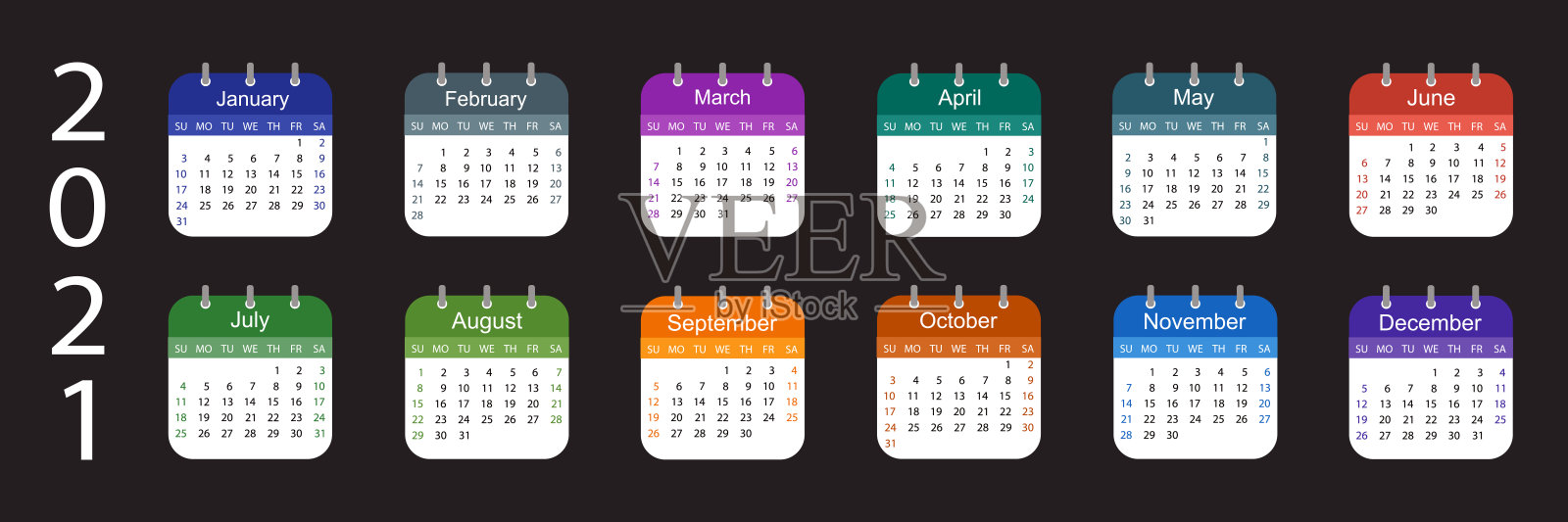 2021年日历。一周从周日开始。深色背景上的彩色设计。设计模板素材