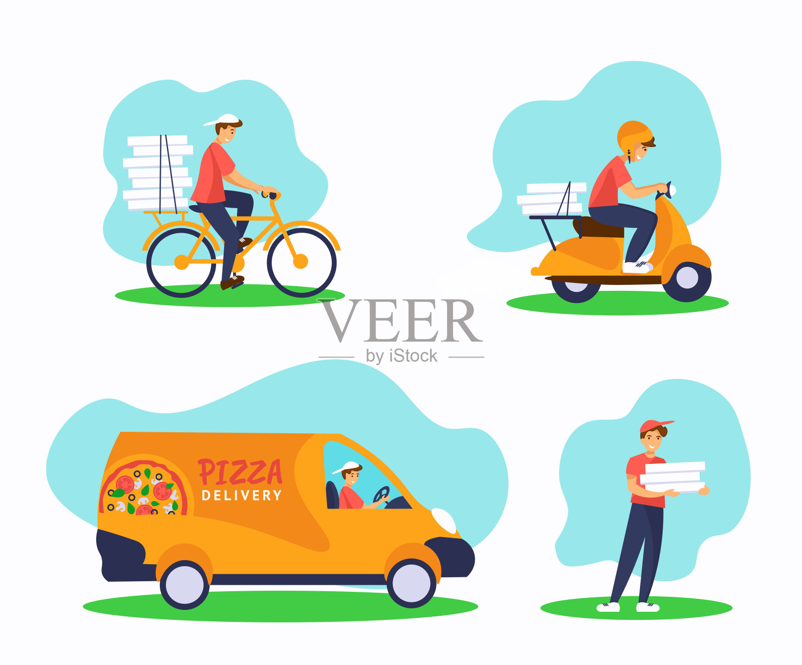 速递披萨服务说明套装:自行车、滑板车、货车、快递配披萨盒插画图片素材