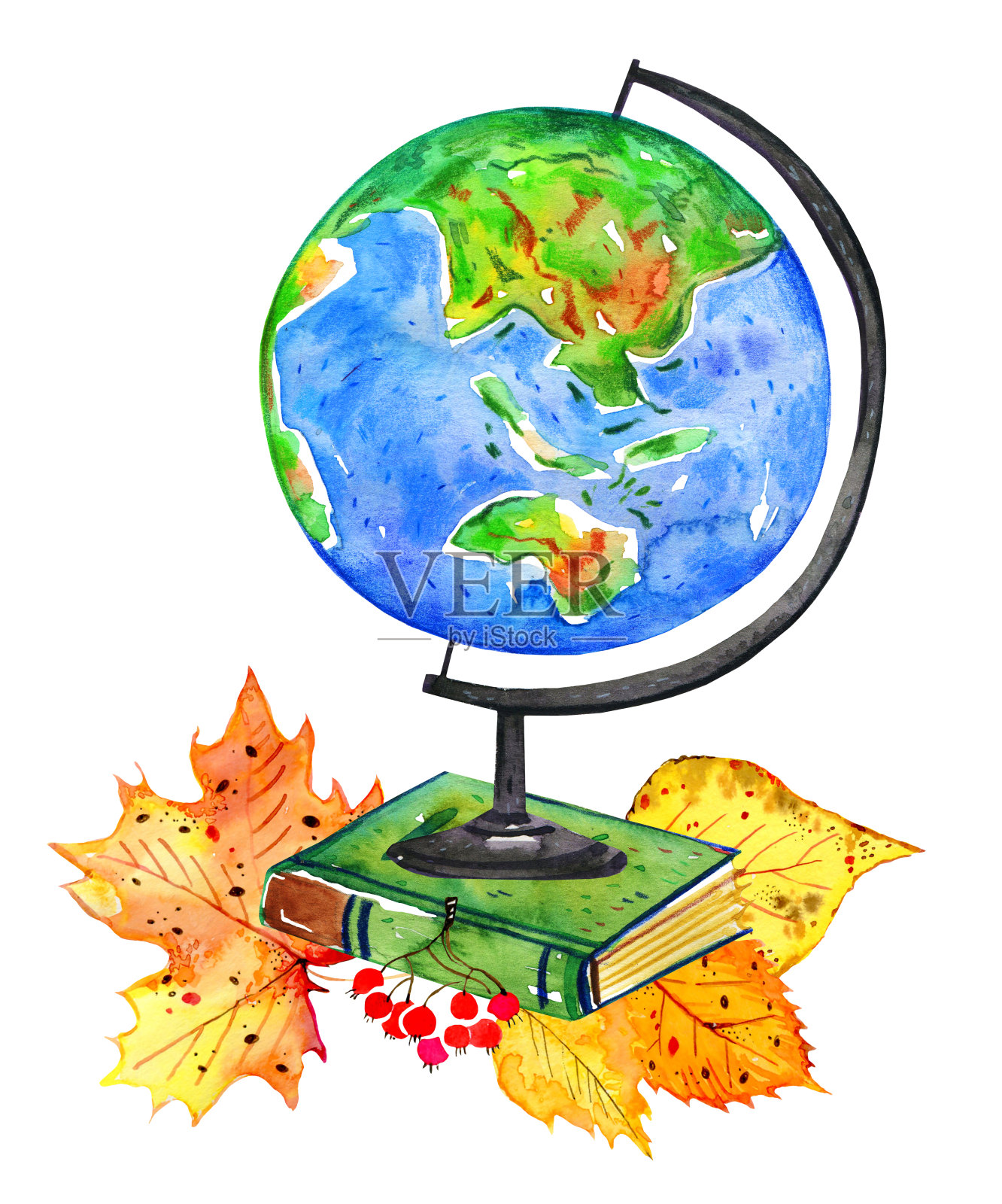 地球仪，书本和秋叶。回到学校作文。手绘水彩素描插图插画图片素材
