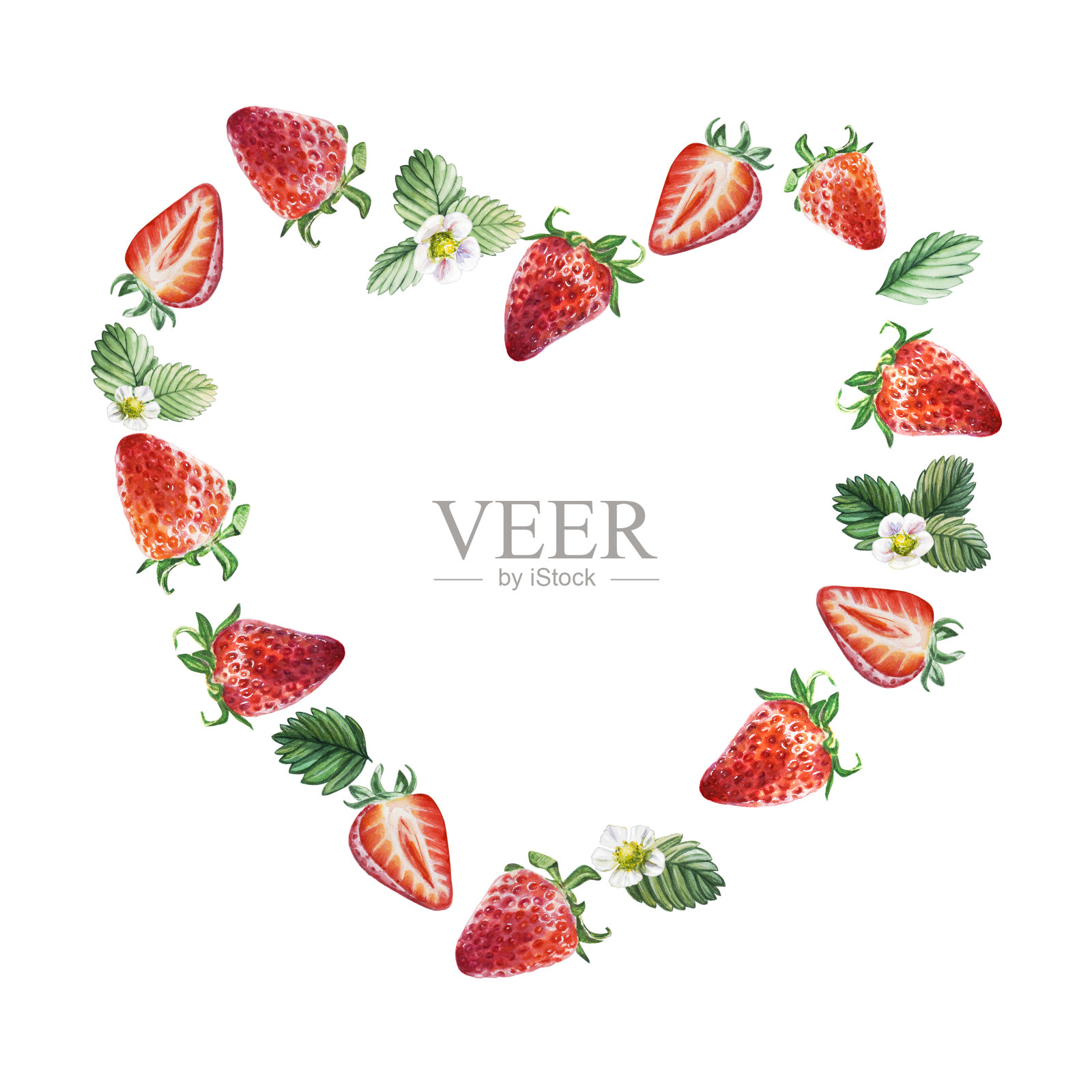 水彩心形模板红多汁的草莓与一半的浆果。手绘食物插图。水果打印。插画图片素材
