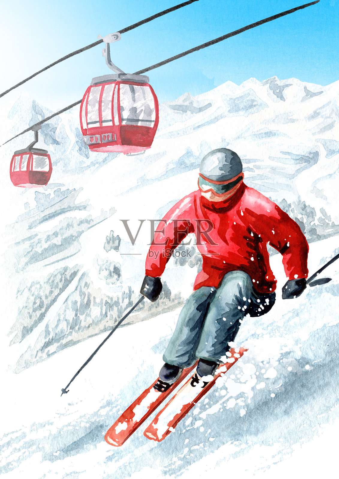 滑雪者对抗索道，索道在滑雪胜地，冬季娱乐和度假的概念。手绘水彩插图插画图片素材