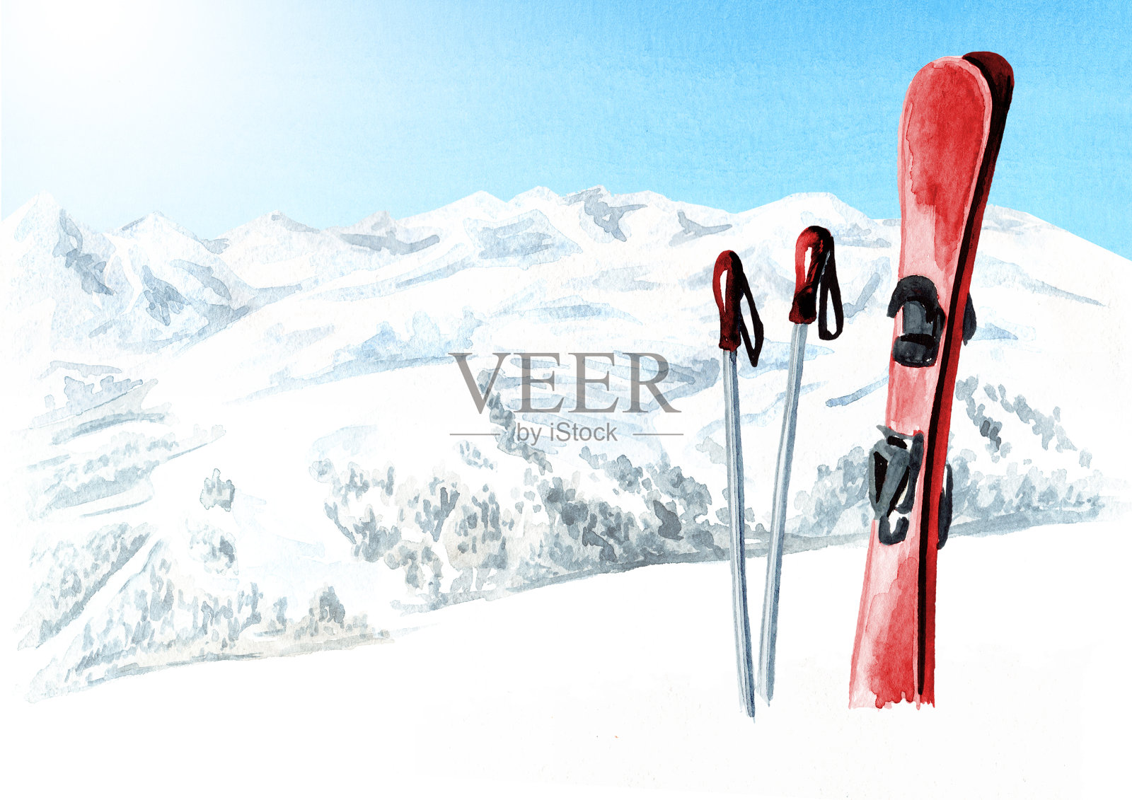 滑雪配件，雪杖和一对雪板对抗高山景观，冬季休闲度假的概念。手绘水彩插图插画图片素材