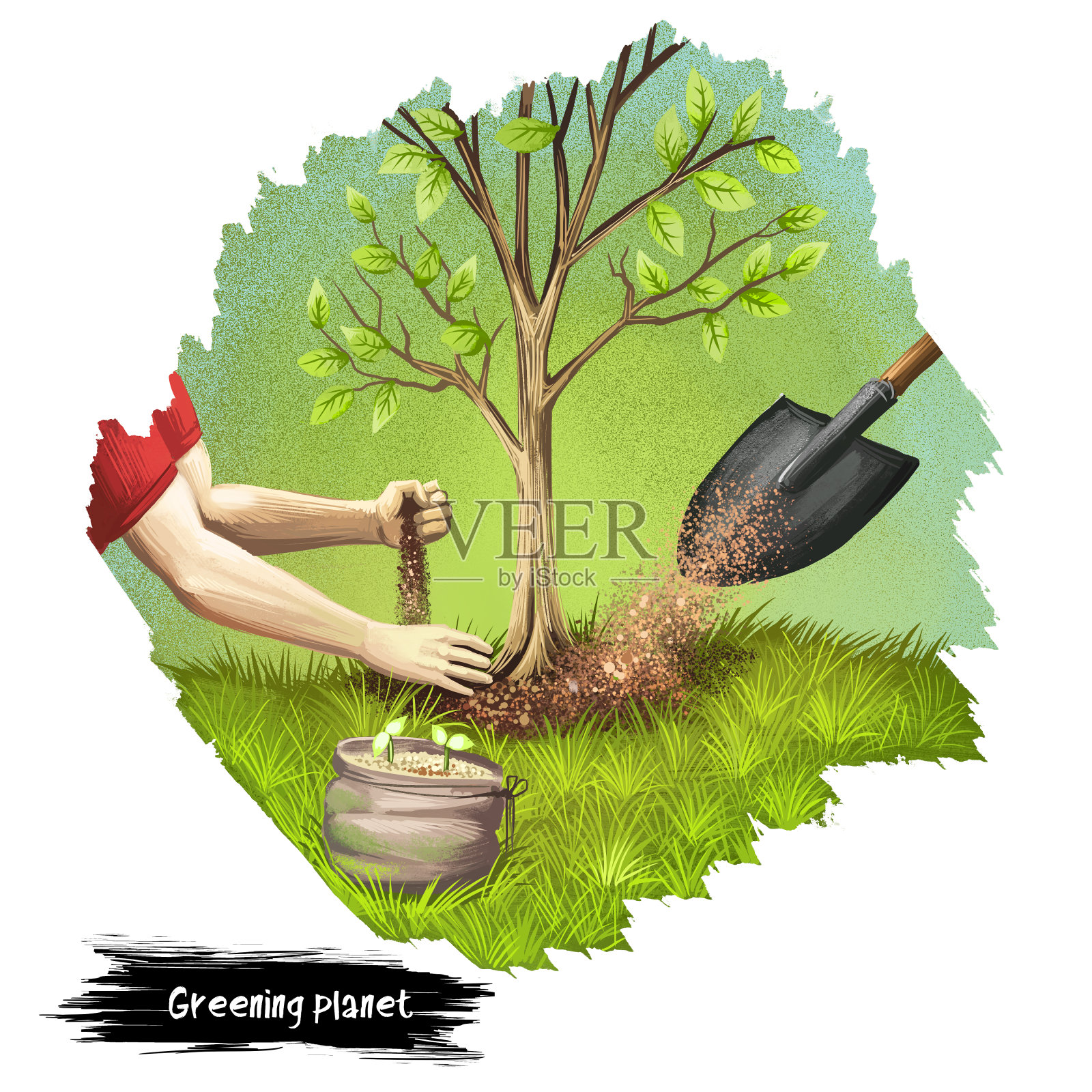 绿色星球数字艺术插图孤立在白色。49、拯救地球理念，人类种植新树，爱护环境，保护自然灾害，解决环境问题。插画图片素材
