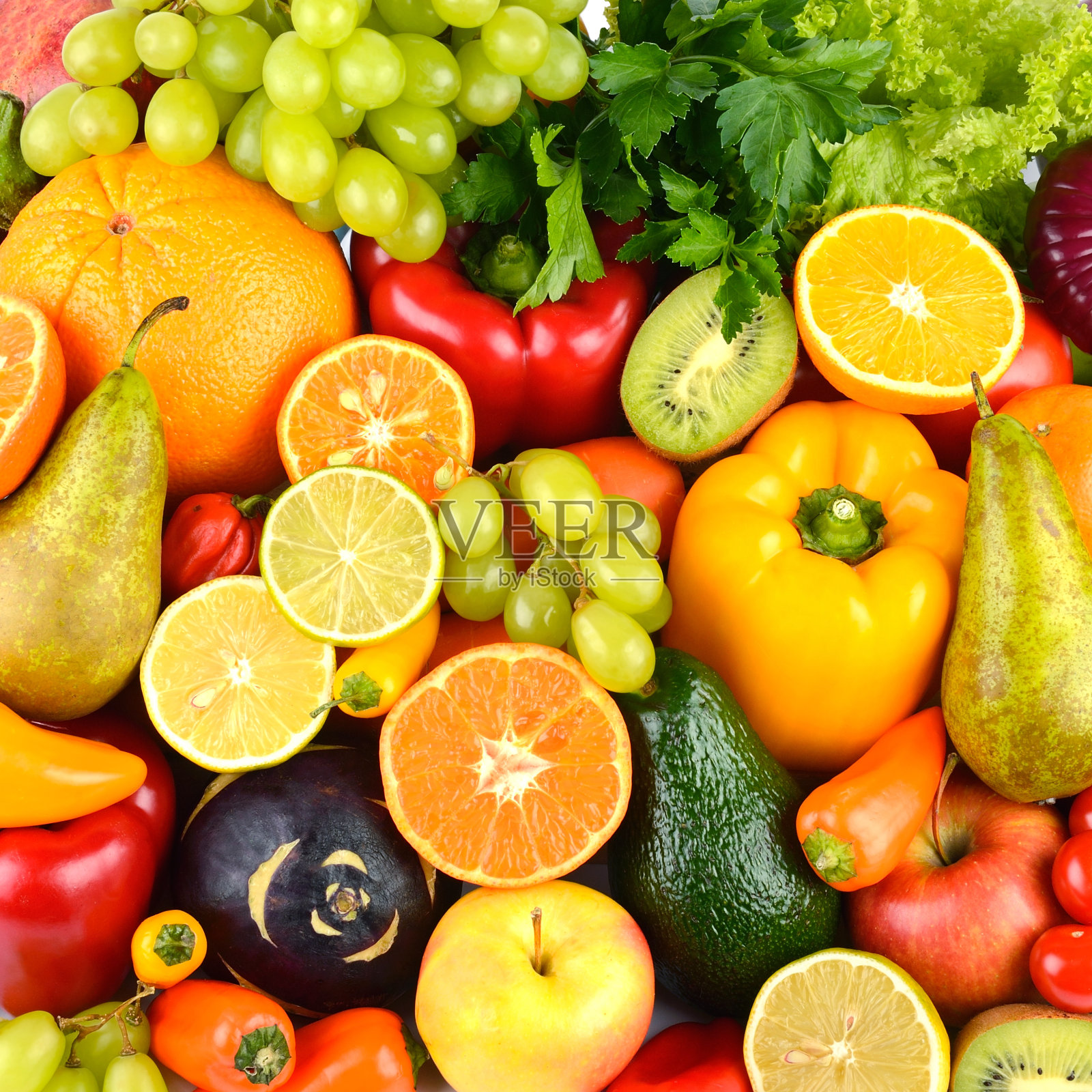 大集合多色多汁的蔬菜和水果。照片摄影图片