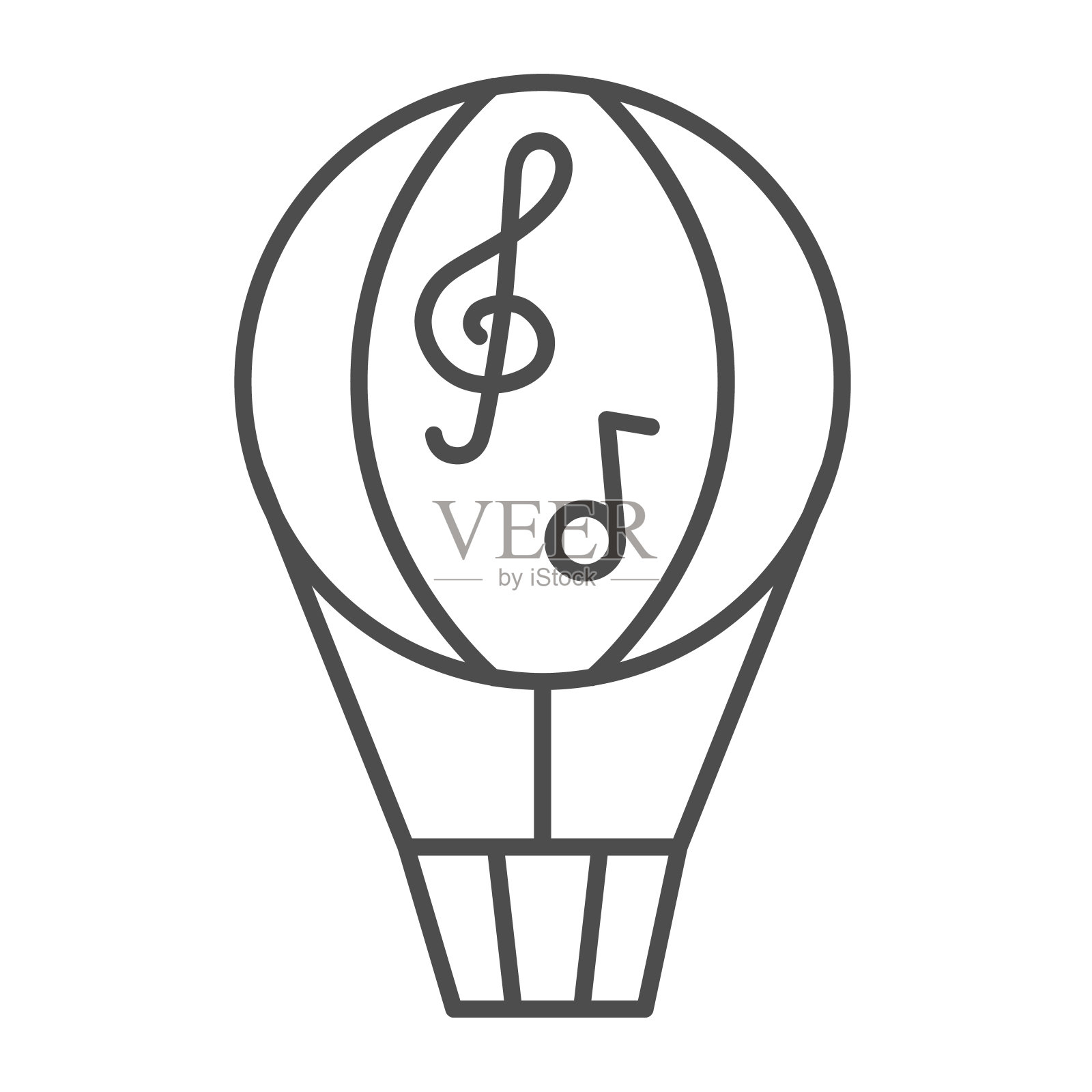 气球细线图标，音乐节概念，飞艇与音乐笔记标志在白色的背景，热气球图标轮廓风格的移动概念和网页设计。矢量图形。插画图片素材