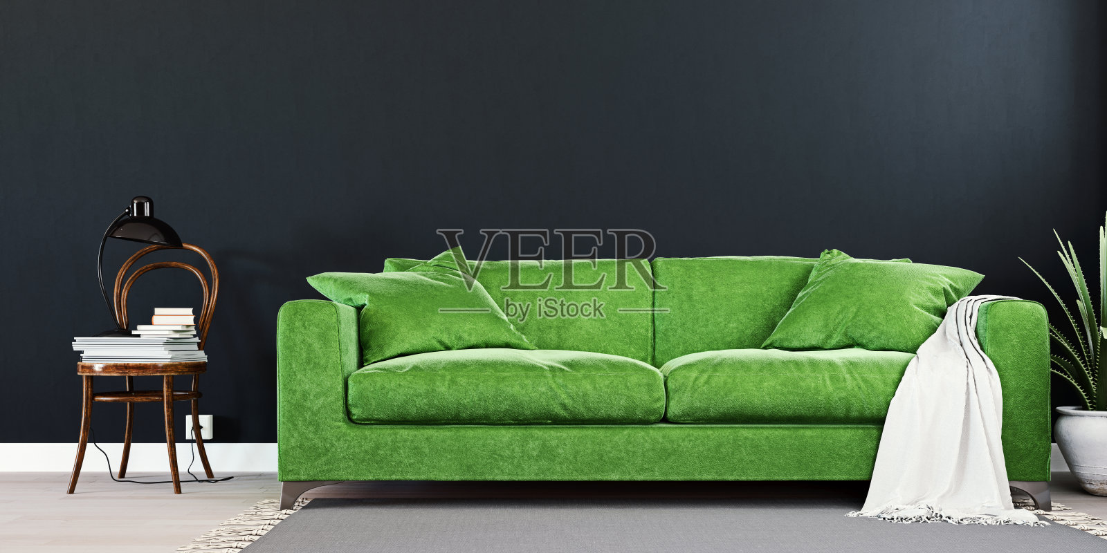 黑色模拟墙与豪华三叶草绿色沙发在现代室内背景，客厅，斯堪的纳维亚风格，3D渲染，3D插图照片摄影图片