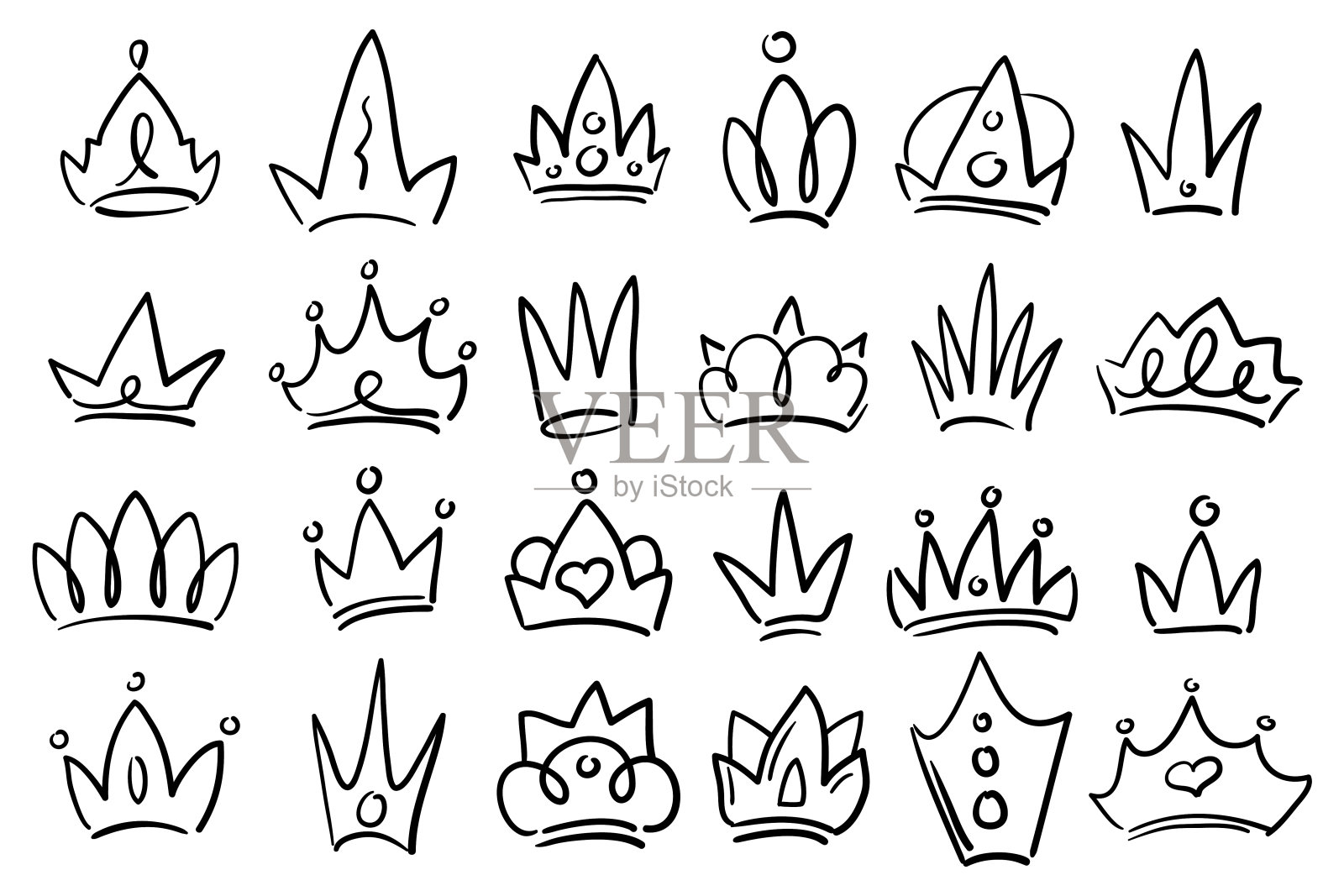 有趣的皇冠设置在白色的背景。为国王和王后，王子和公主手绘的黑色涂鸦插画图片素材