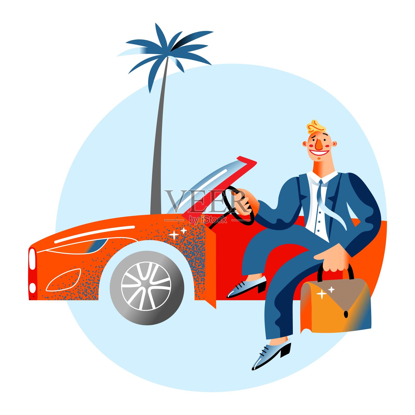 成功的商人坐在红色豪华轿车里插画图片素材