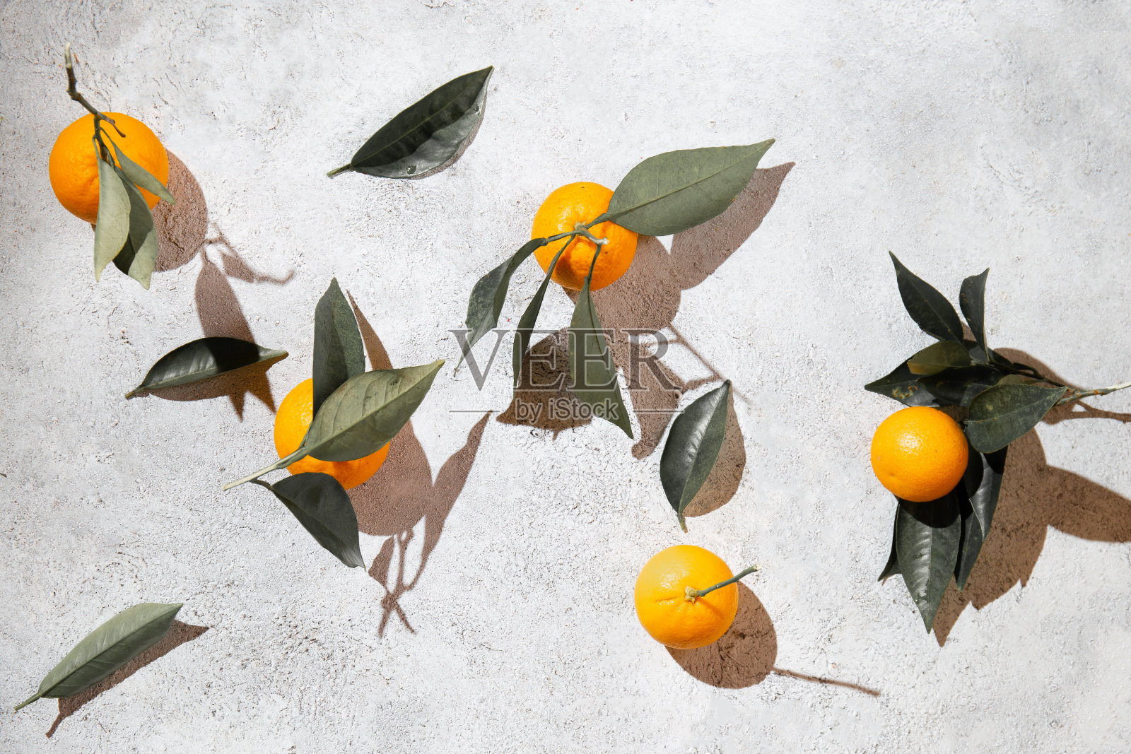 在空盘子周围，白色的背景上是整只橙子和橙子树的叶子。俯视图，平躺，夏季和健康的概念。模型照片摄影图片