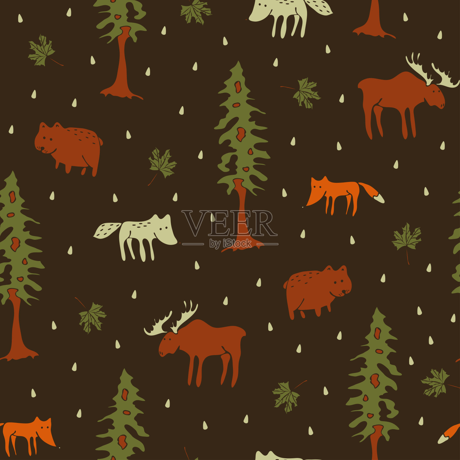 无缝矢量模式与森林动物在棕色背景。可爱的手绘野生动物墙纸设计。狐狸、狼、熊等儿童服装面料。插画图片素材