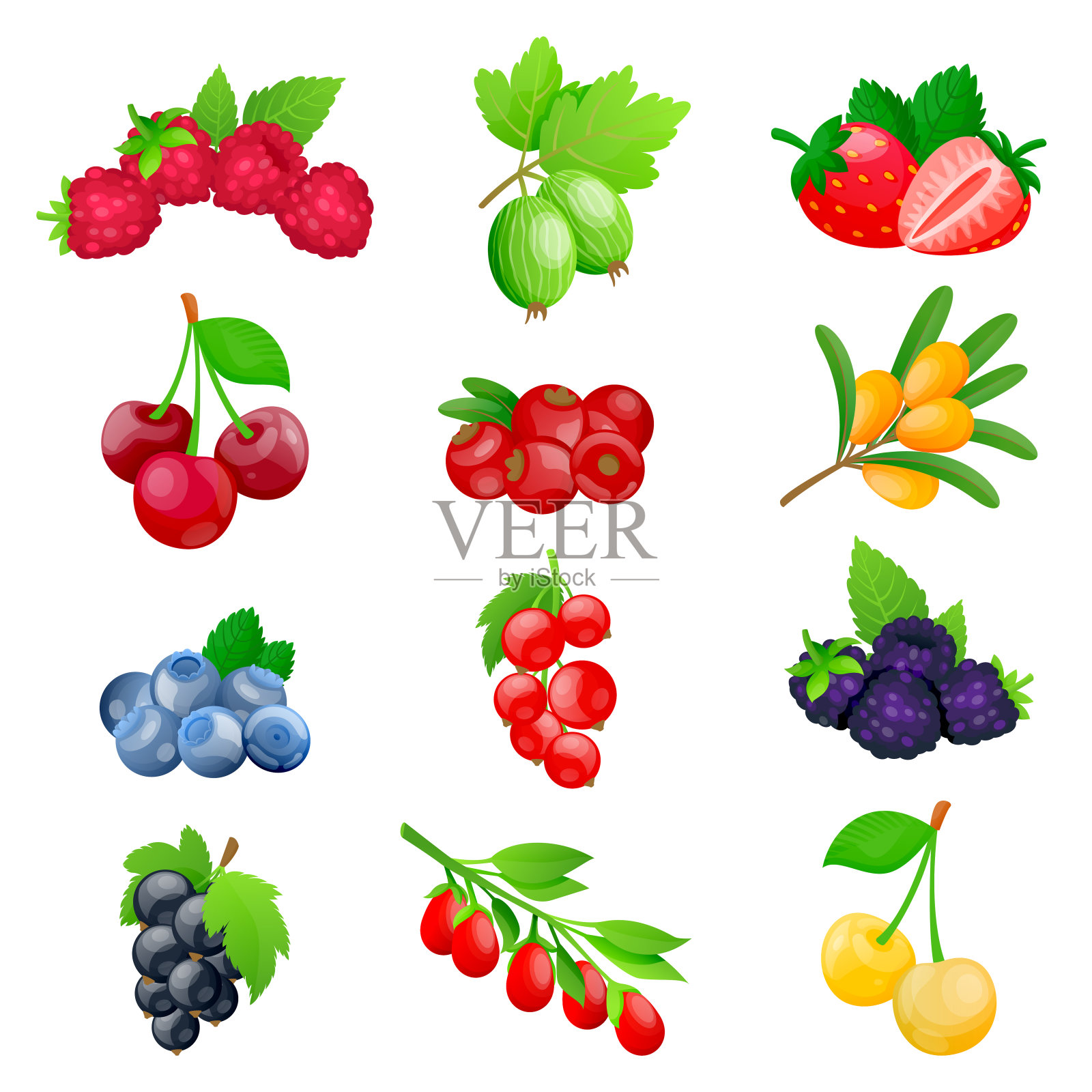 多汁的浆果和水果图标收集。矢量平面卡通插图。健康甜食设计元素插画图片素材