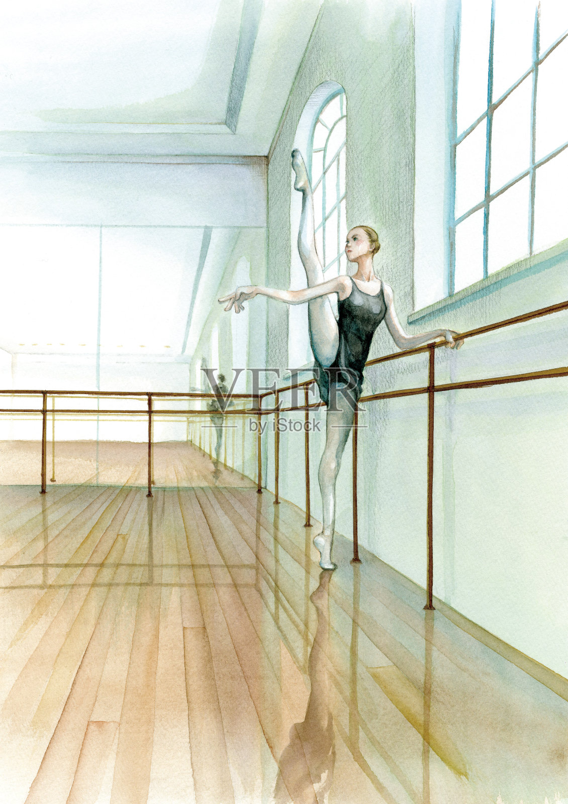 一位年轻的芭蕾舞演员在工作室接受训练插画图片素材
