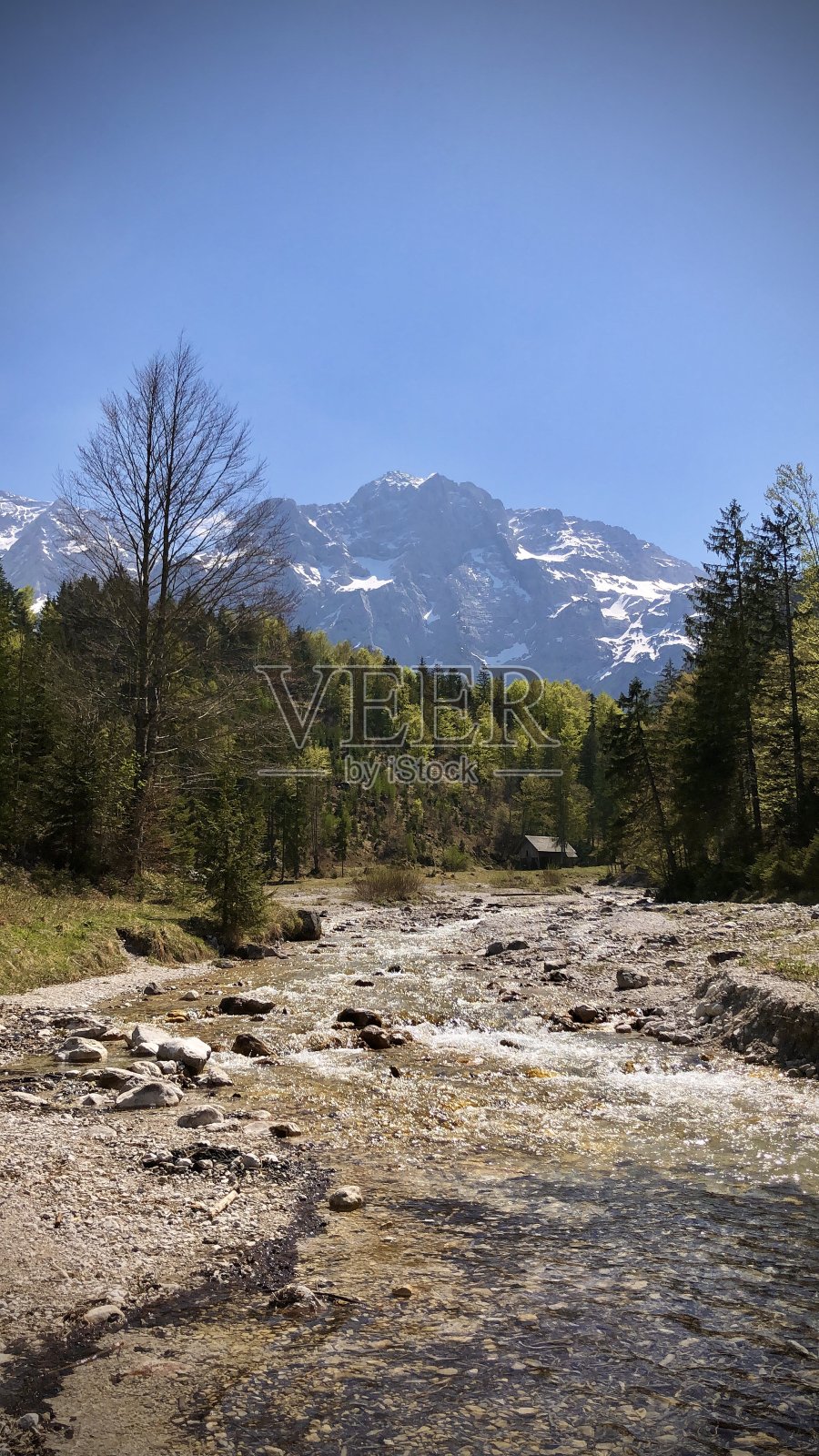 阿尔卑斯山景观在上奥地利Grünau附近，以雪山的视野照片摄影图片