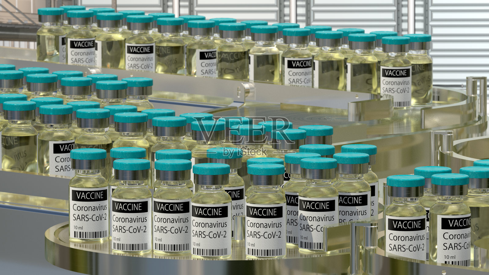 某制药厂生产线上的新型冠状病毒疫苗。3 d演示。照片摄影图片