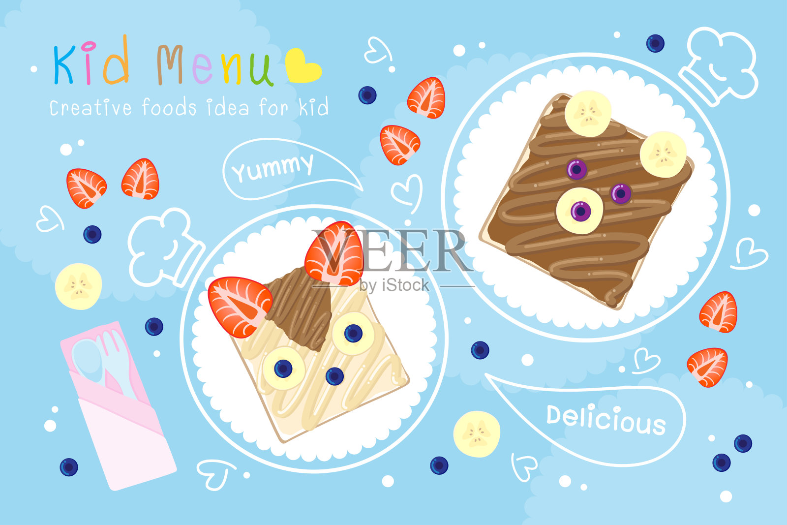 孩子的创意，牛奶面包片和水果草莓，香蕉，蓝莓，可爱的食物风格，矢量插图插画图片素材