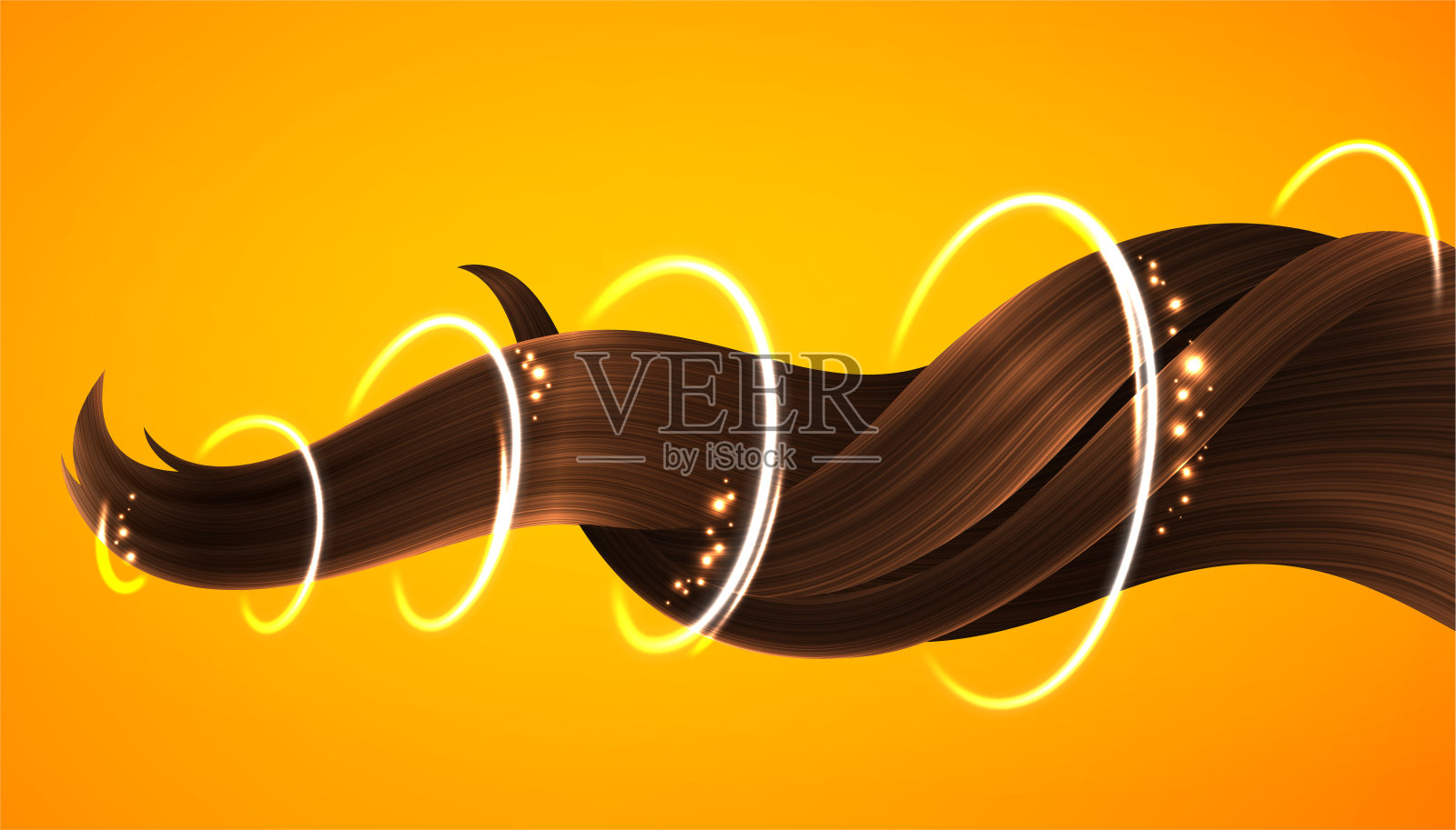 闪亮健康的棕色头发锁与闪闪发光的效果。明亮的波光卷发。向量逼真的3 d插画图片素材