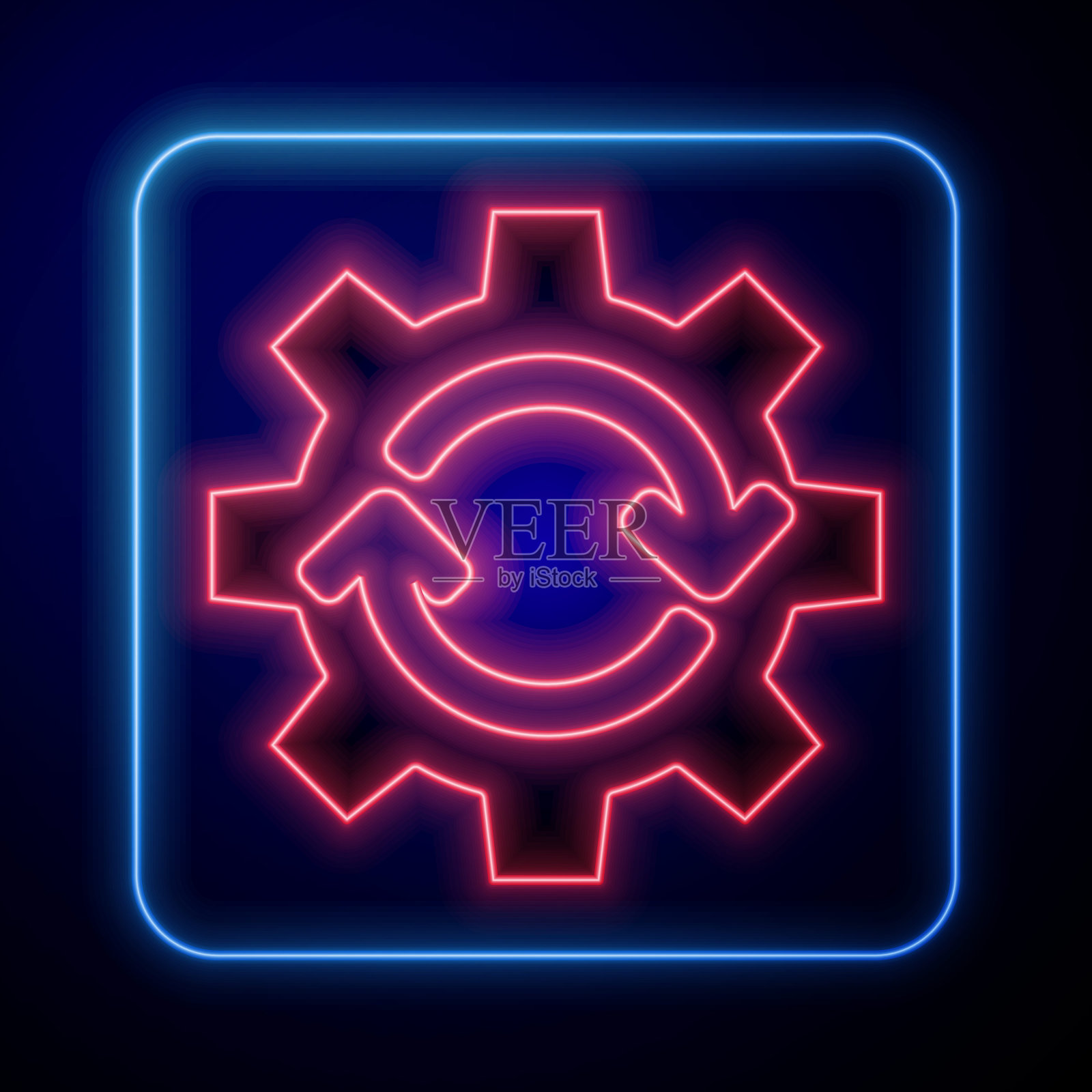 发光的霓虹灯齿轮和箭头作为工作流概念图标隔离在蓝色背景。齿轮重载的迹象。矢量图图标素材