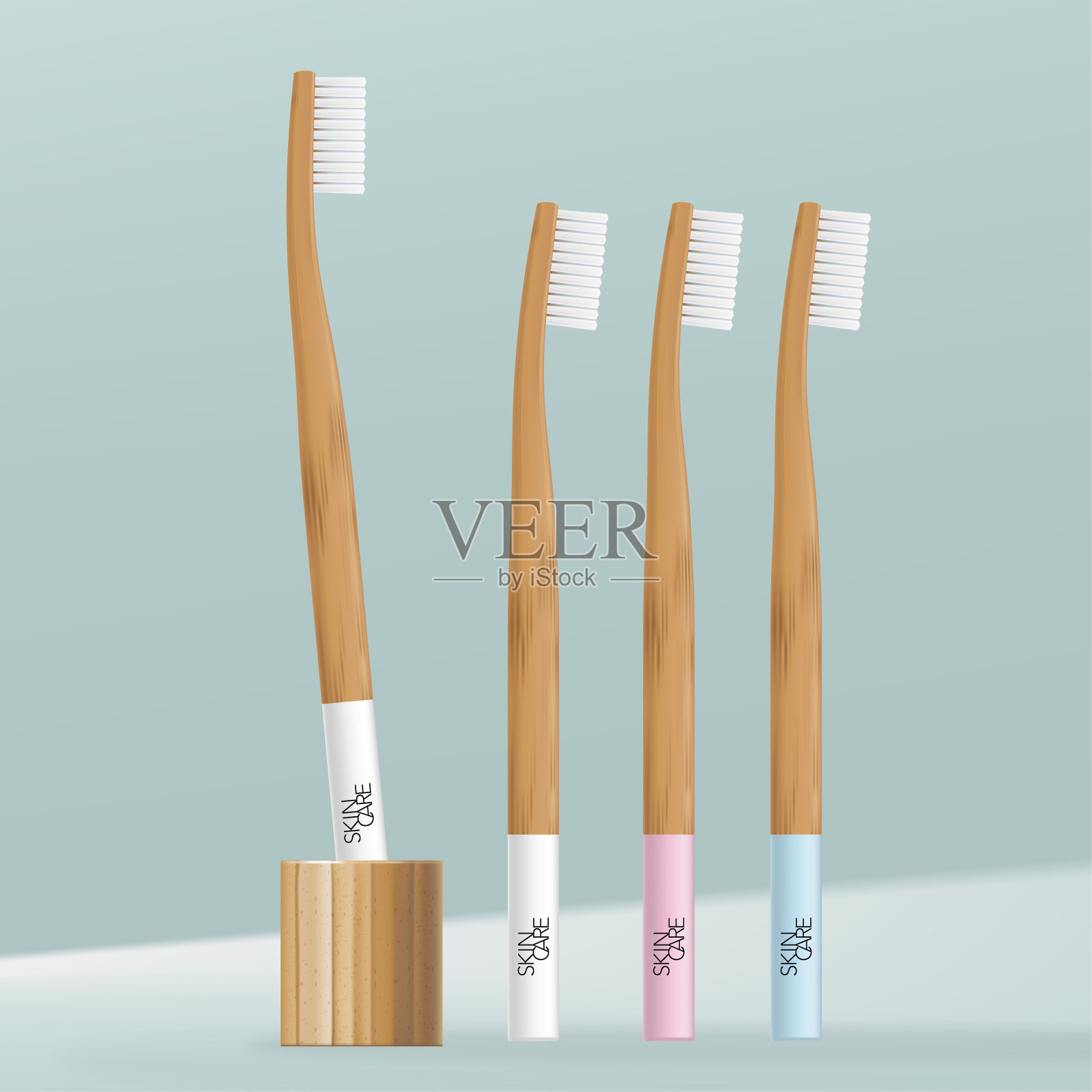 矢量竹或木柄牙刷插图，最小的牙刷架。插画图片素材