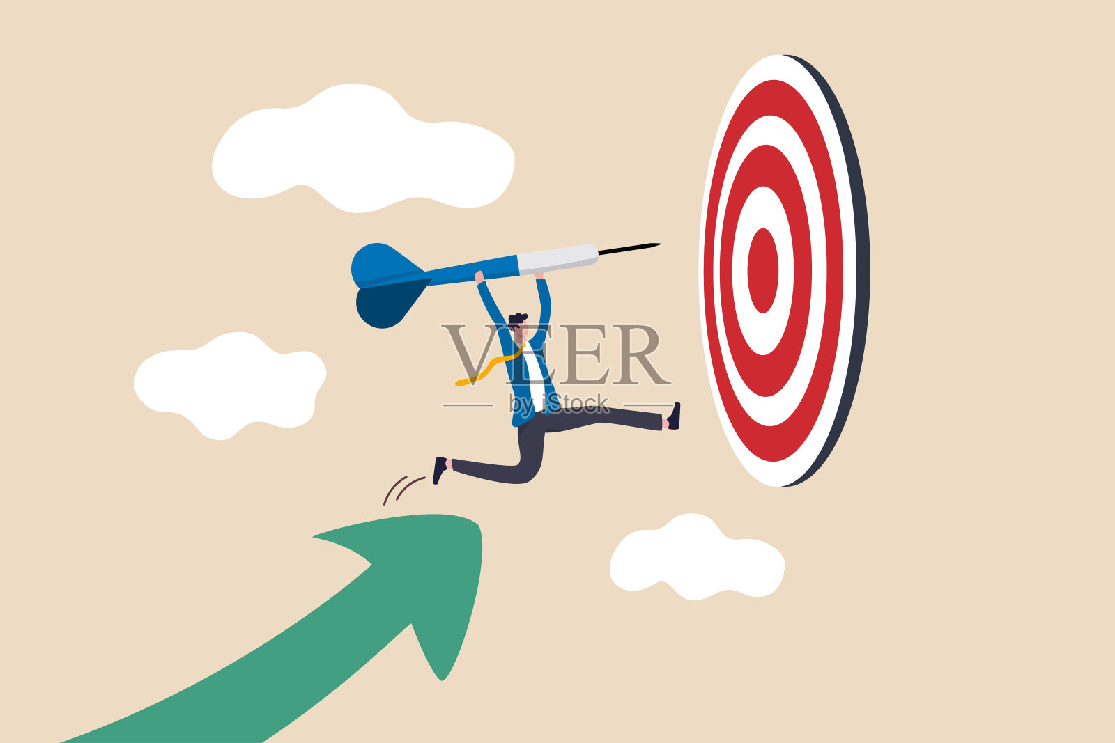 商业目标的实现或成功和达到目标和目标的概念，商人领袖持有飞镖从上升的图形箭头和跳转到靶心目标赢得商业战略插画图片素材