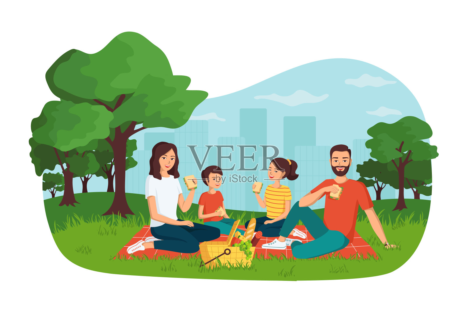 Сoncept年轻幸福的家庭在城市公园野餐，花时间一起在户外，活跃的周末。卡通矢量图设计元素图片