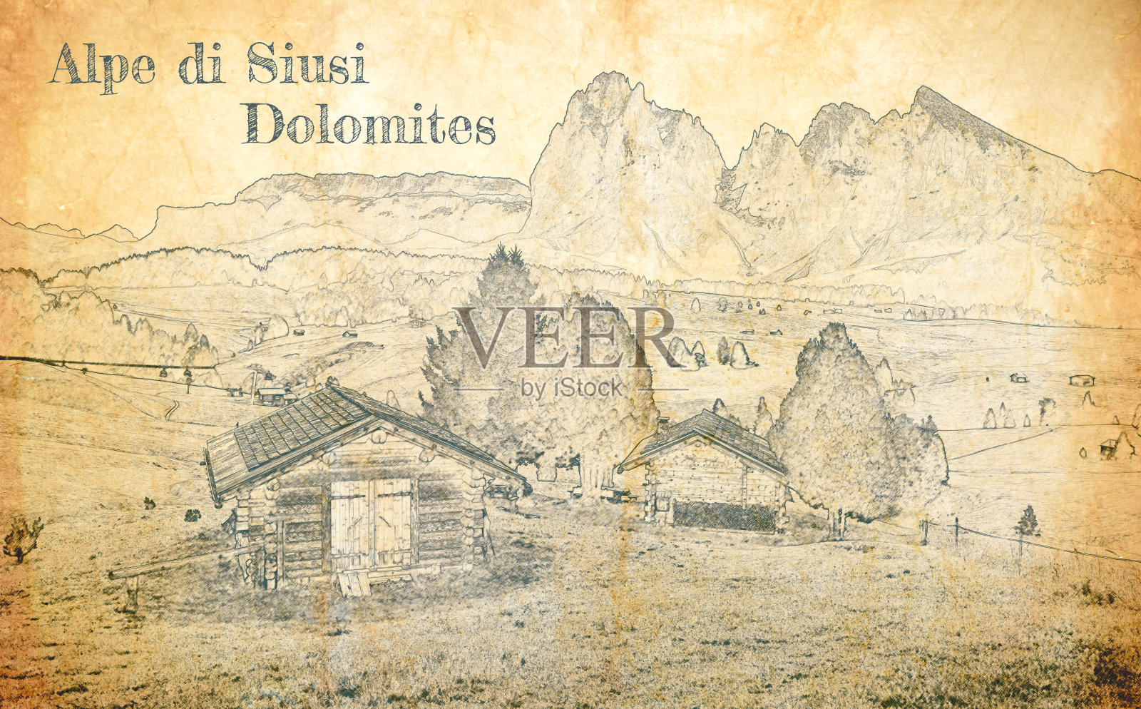 在多洛米特的阿尔卑斯山脉，在旧纸上素描插画图片素材