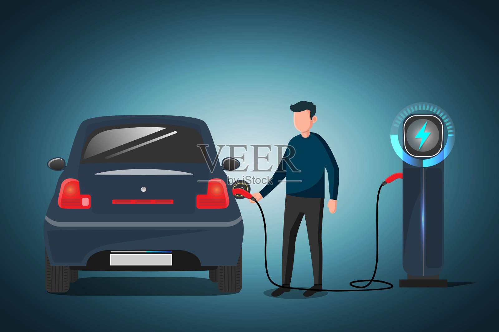 深蓝色的电动车在充电站与一个年轻人持有电缆夜景插画图片素材