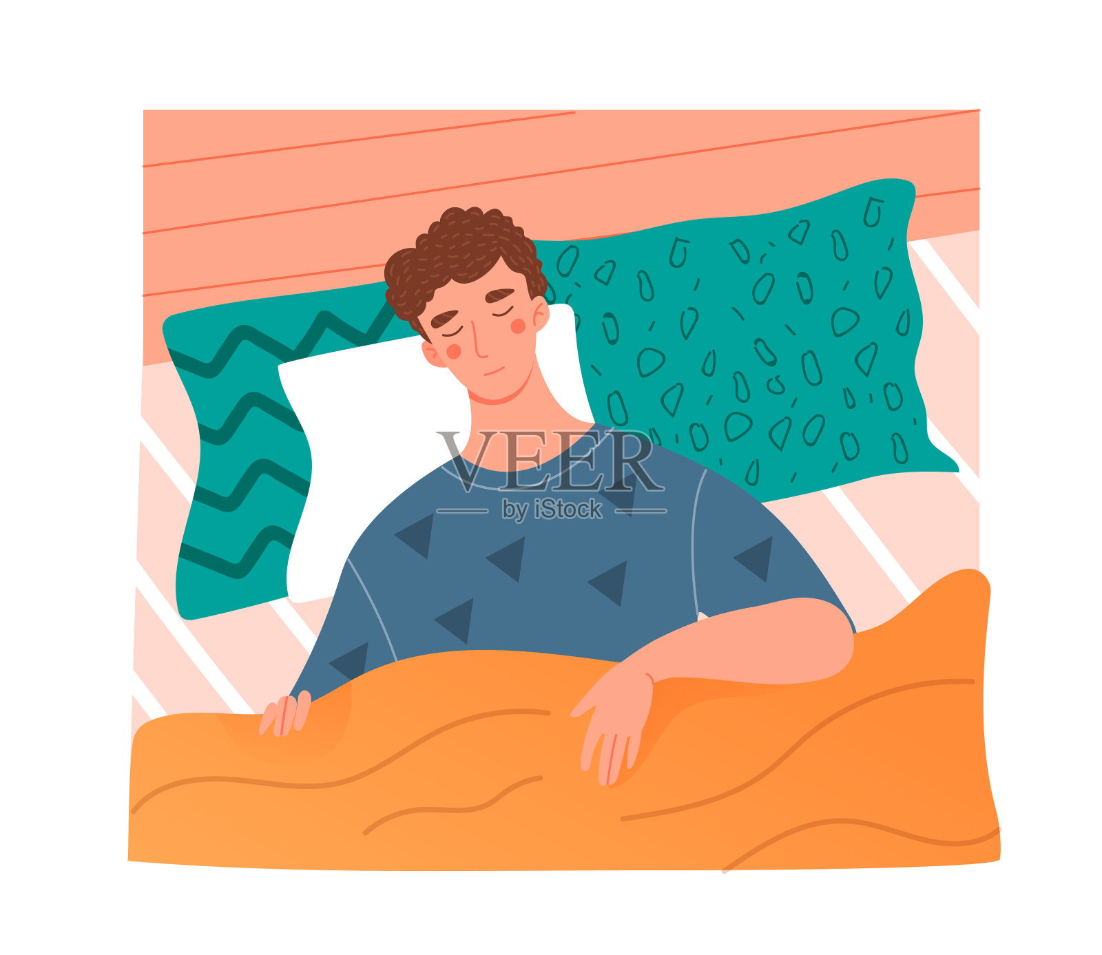 年轻人在床上枕着枕头睡着了插画图片素材