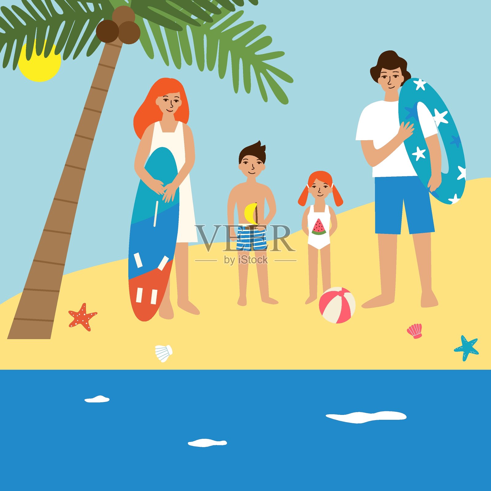 年轻的家庭和孩子在海滩矢量插图插画图片素材