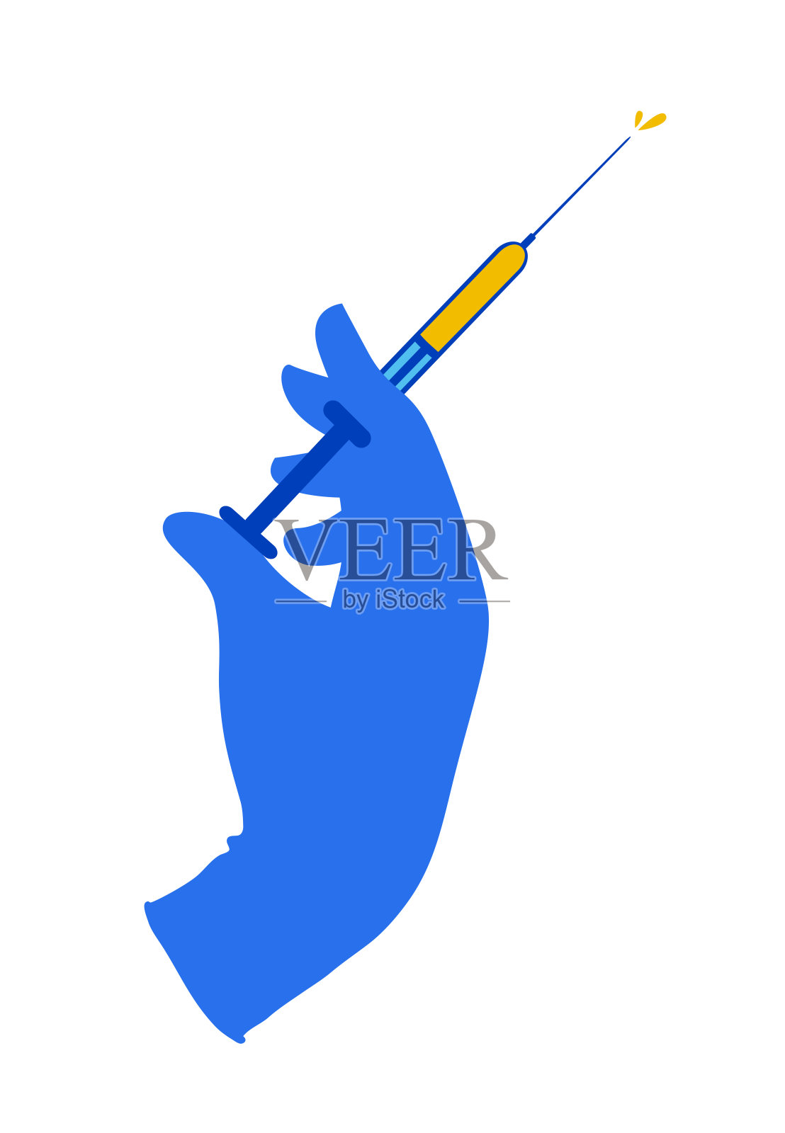 医生的手戴着蓝色手术手套，手里拿着一个注射器，里面有疫苗、药物、药物。近距离注射疫苗。接种疫苗注射笔。设计元素图片